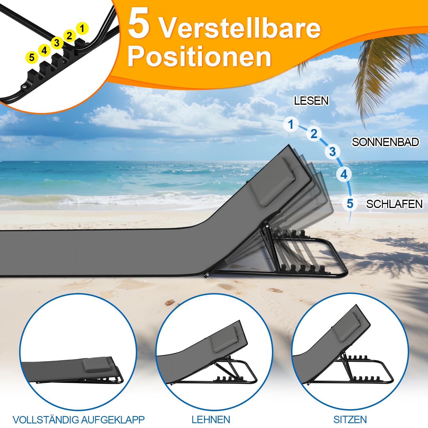 Mata plażowa z oparciem 145 cm, leżak plażowy składany, lekki, szerokość leżenia 47 cm, 1,4 kg, z poduszką i torbą do noszenia, na plażę, do ogrodu, na kemping i basen, ciemnoszara