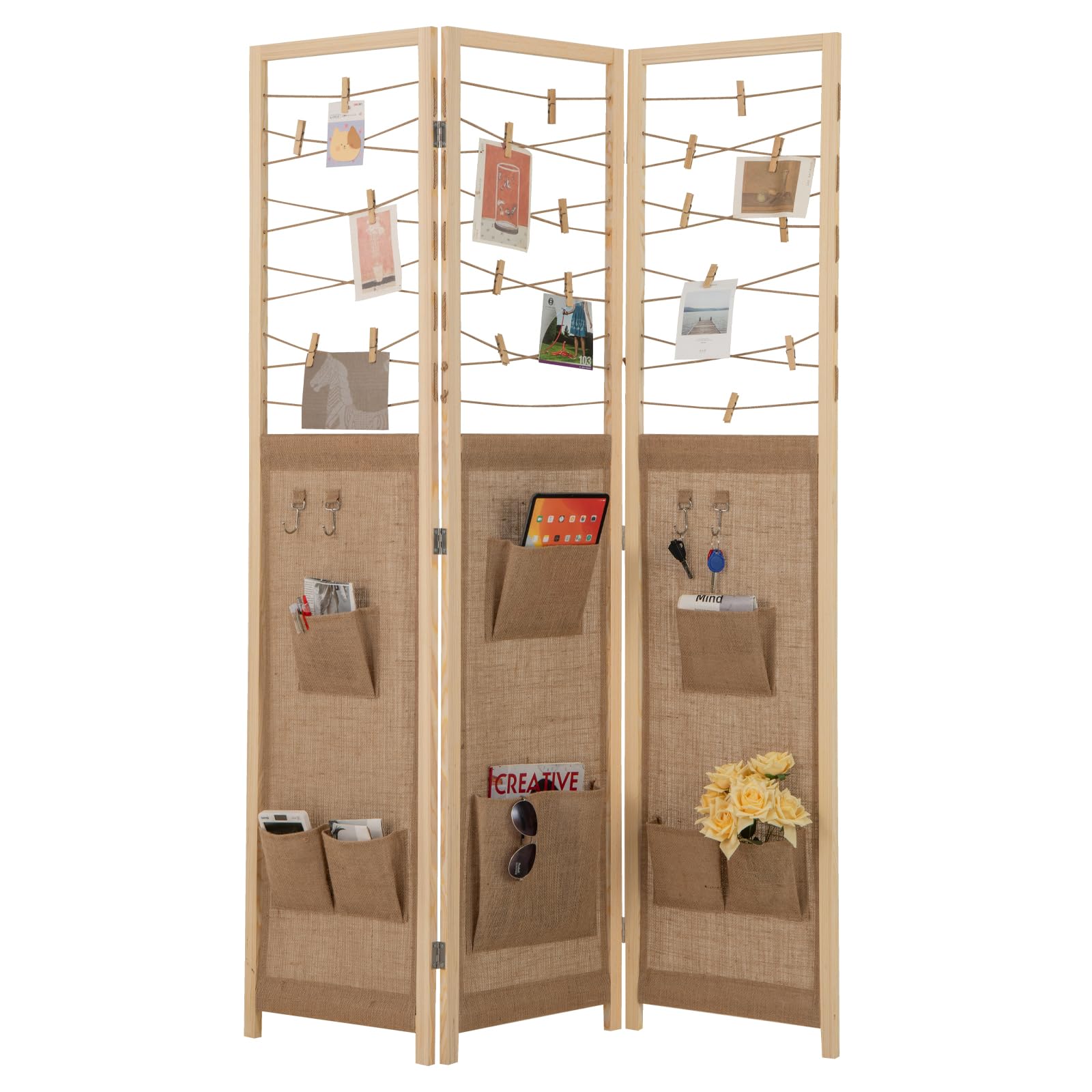 COSTWAY 3 Panel Folding Room Divider, Fabric Decorative Wall Privacy Screen Protector with 8 Pockets, 4 Hooks and 20 Bamboo Units, Freestanding Room Partition Display Paravent Separator, 120x170cm