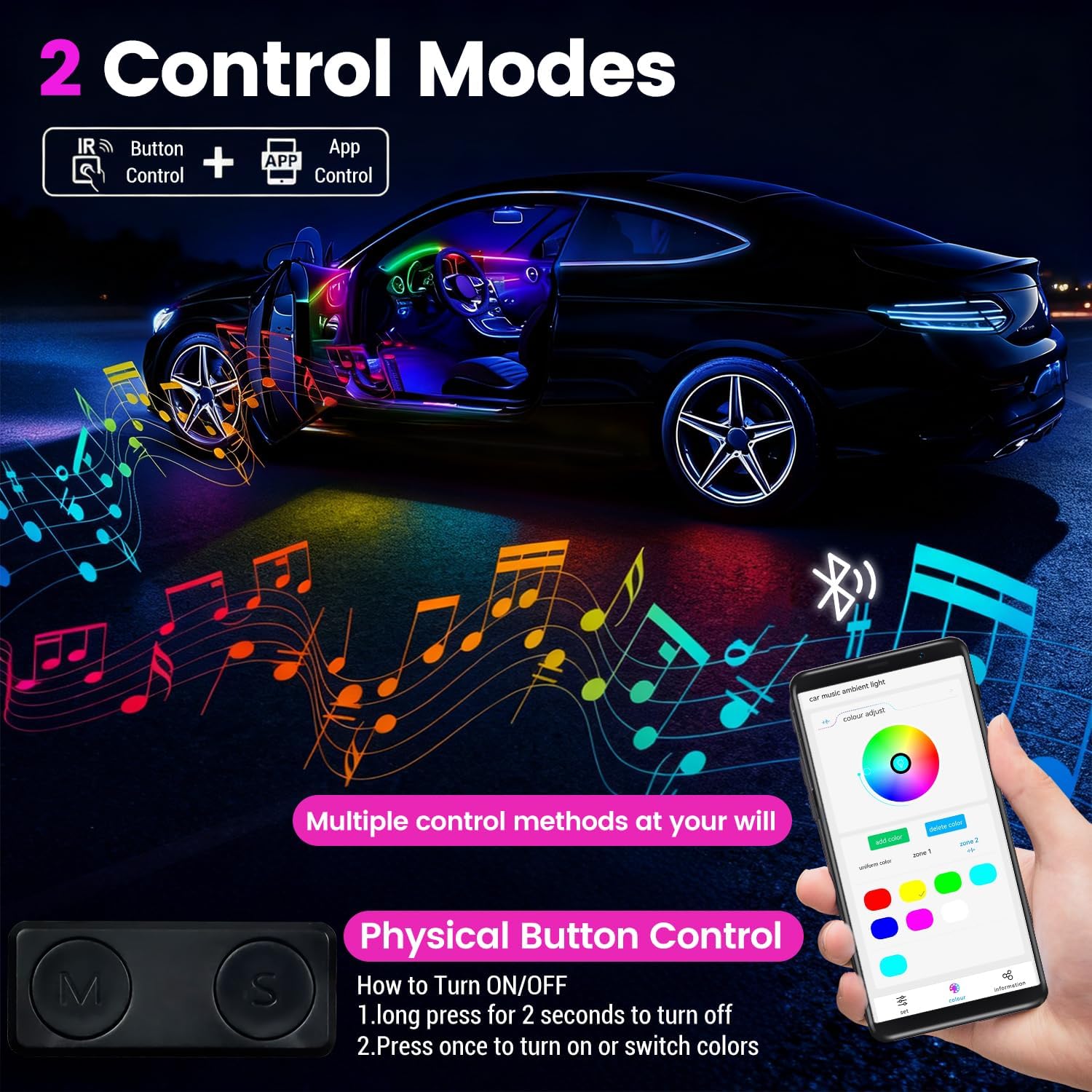 Dream Color Acrylic Interior Car Ambient Light Kit, Bphuny 30 in 1 593 LEDs Fiber Optic Multiple Modes Decoration Atmosphere Lights with Music Dynamic Rainbow Rhythm, RGB Neon Lights for All Cars