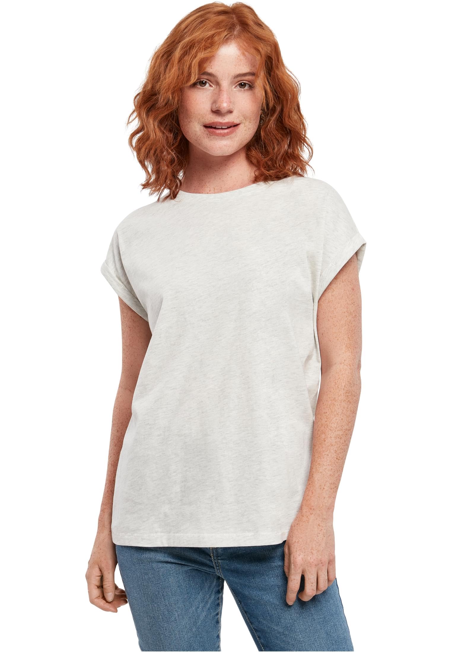 Urban Classics Women's Ladies Extended Shoulder Tee Basic Capsleeves, Shortsleeve T-Shirt Top with Crew Neck, Lightgrey, XS
