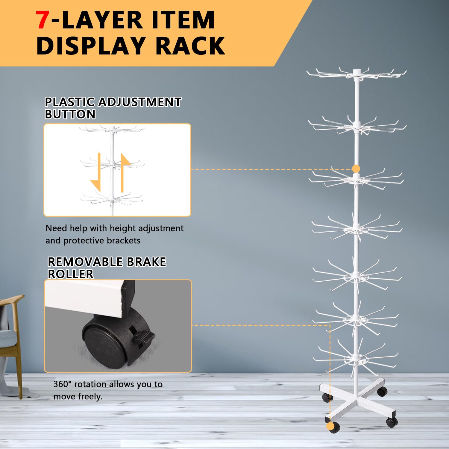 Expositor giratorio de 7 niveles, soporte de metal multifuncional con ganchos, soporte de gancho ajustable para colgar en sombreros, calcetines, cuerdas para el pelo, joyas