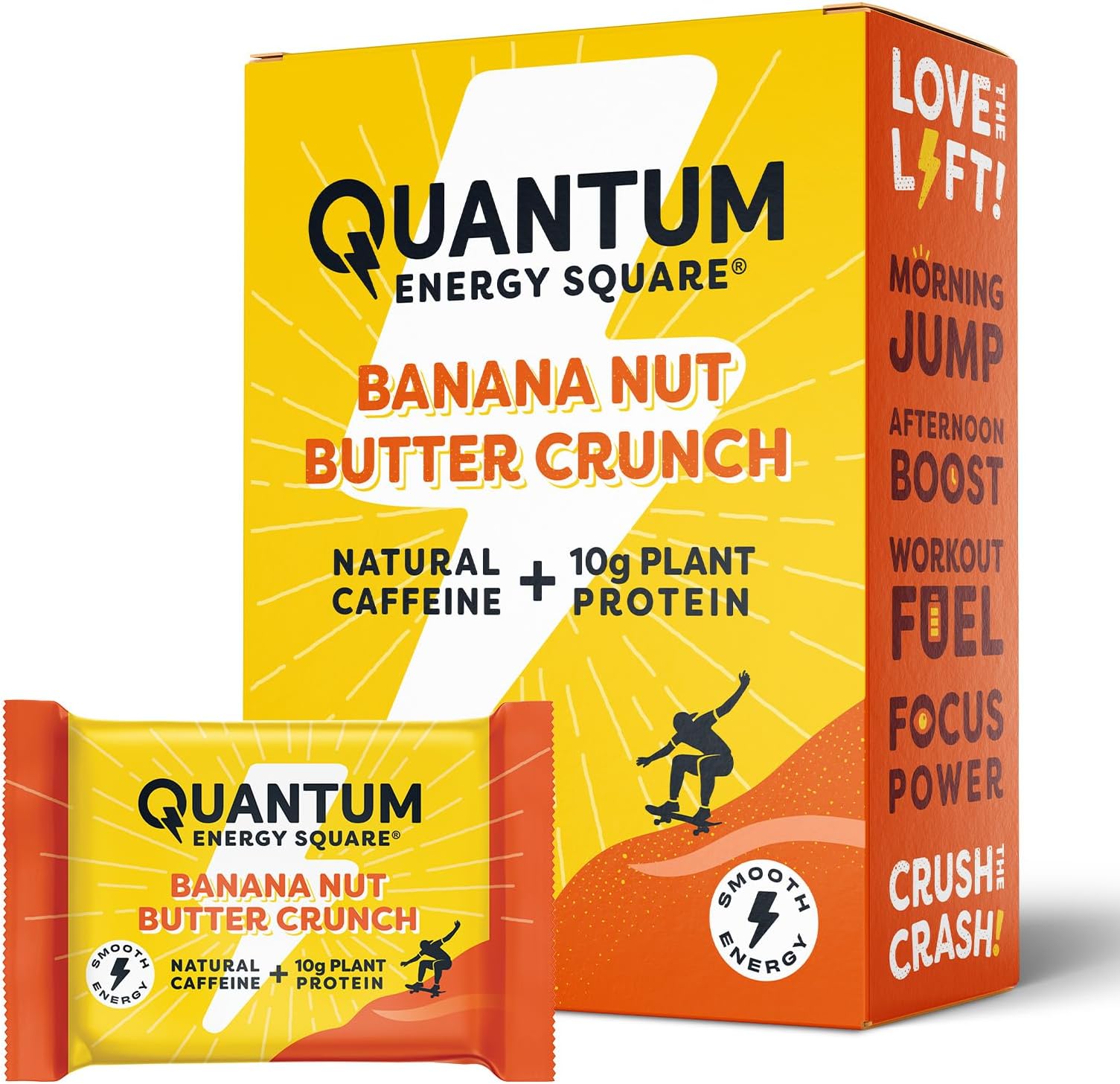 Quantum Energy Square: Energy Bar with Caffeine & 10g Protein. Delicious Healthy Snack On The Go. (Vegan, Gluten-free, Soy-free, Dairy-free) - Banana Nut Butter Crunch 8Pk