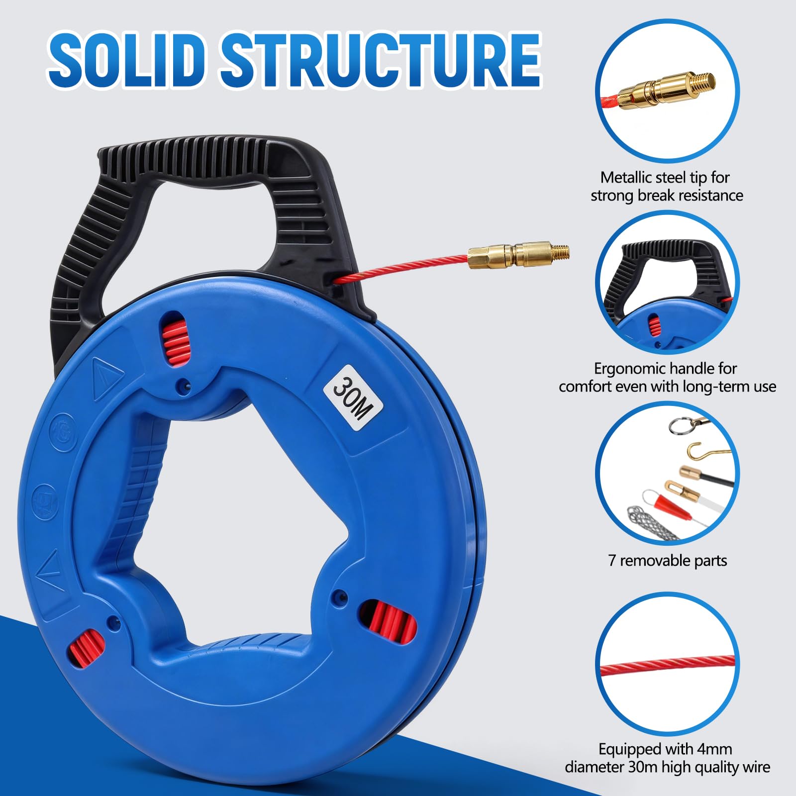 Ayudante de inserción de cable de fibra de vidrio de 30m con cable de 4mm, ayudante de inserción de cable con cabeza de cobre y 6 adaptadores, resorte de inserción, cable de tracción para tubos vacíos