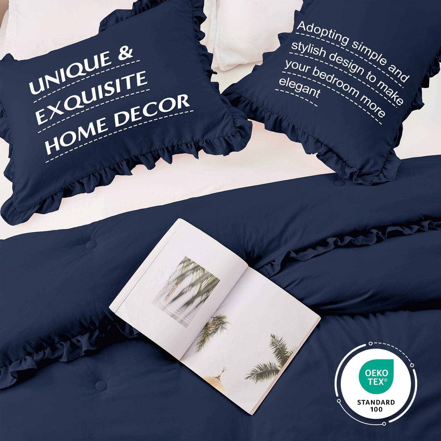 HARBOREST Twin Comforter Set Navy - Ruffle Comforter for Twin Size Bed, Fluffy Twin Size Comforter Set for All Seasons, 2 Pieces Shabby Chic Bedding Comforter Sets(1 Comforter & 1 Pillow Sham) - Image 4