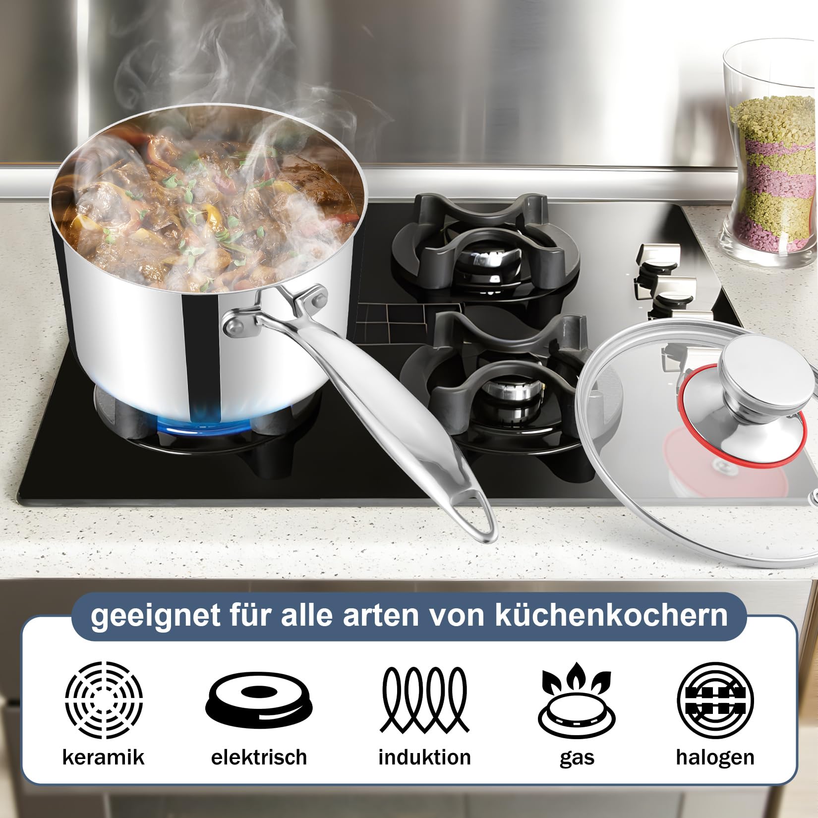 Onader rondel 18 cm, 3-warstwowy garnek ze stali szlachetnej do wszystkich rodzajów kuchenek, w tym indukcyjnych, rondel 2,4 l ze szklaną pokrywką, zdrowy i nadaje się do mycia w zmywarce