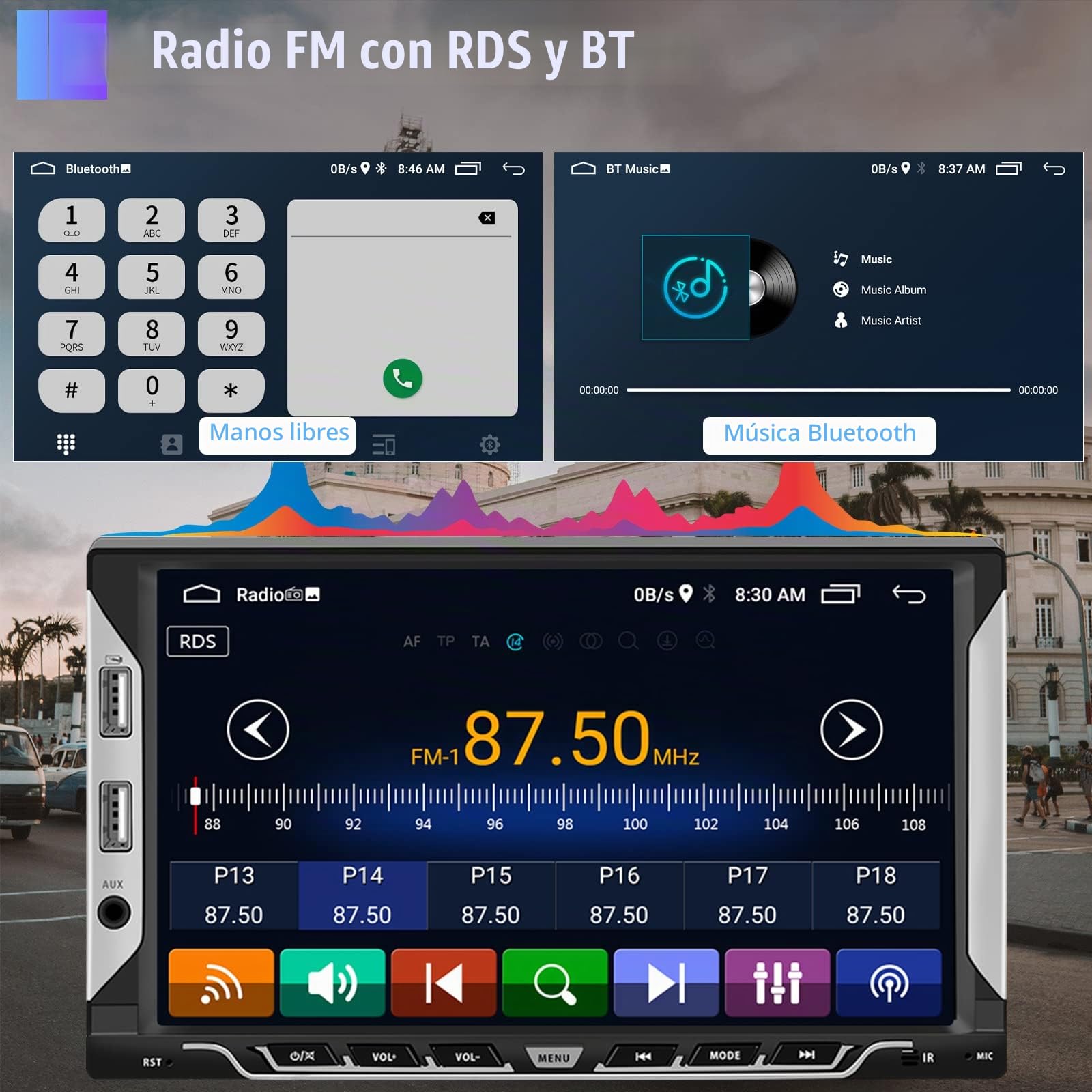 Radio Estéreo Coche 2 DIN Android 11 GPS Pantalla Táctil 7 Pulgadas Radio Mirror Link para iOS/Android Navi 2 DIN RDS, Bluetooth WiFi FM, con 6 Puertos USB + Cámara Trasera+ Cable ISO