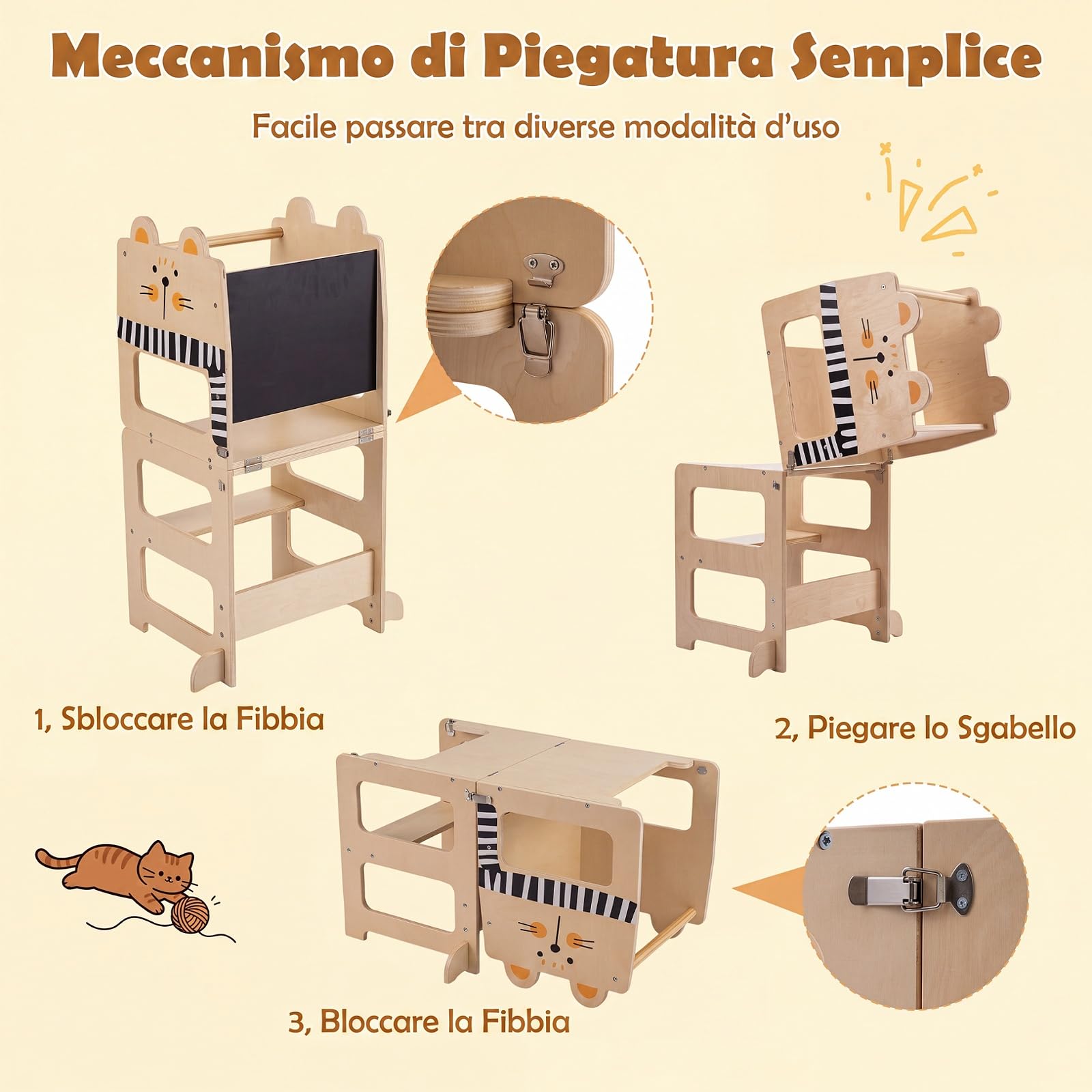 COSTWAY Torre Montessoriana per Bambini, Trasformabile in Tavolo e Sedia | Torre di Apprendimento con Lavagna Pieghevole, Forma di Gatto, Scala Sicura in Legno per Cucina e Bagno, 18+ Mesi
