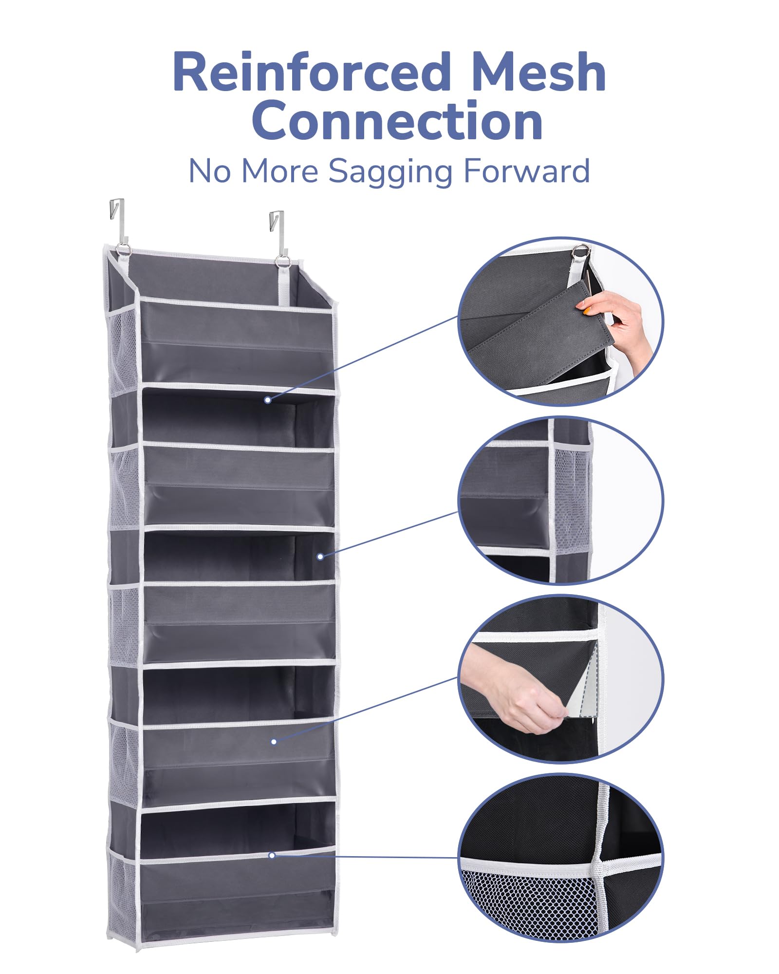 ULG 1 Pack Over Door Organizer with 5 Large Pockets 10 Mesh Side Pockets, 44 lbs Weight Capacity Hanging Storage Organizer with Clear Window Kids Toys, Shoes, Diapers, Dark Grey, 5 Layers