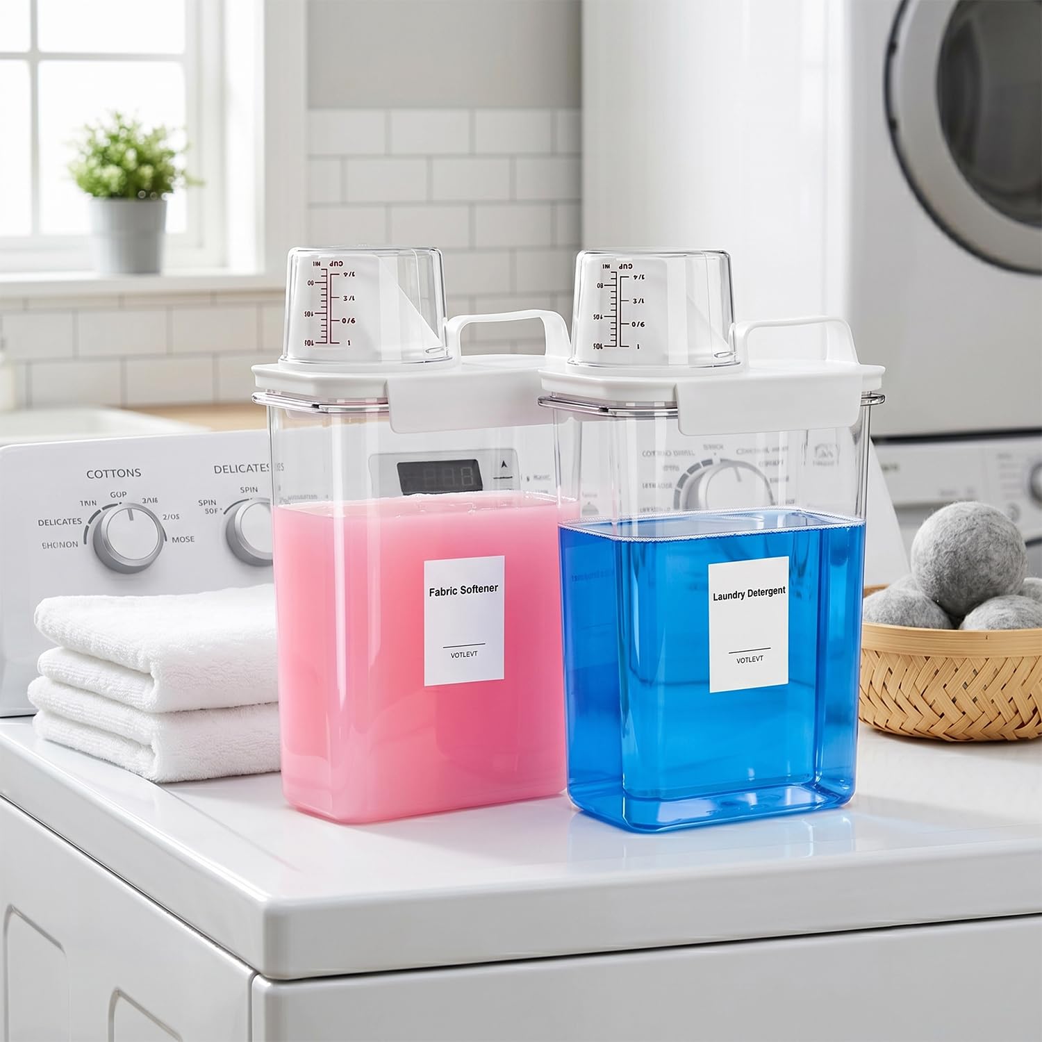 Dispensador de detergente líquido para ropa de 64 onzas, dispensador de jabón de lavandería, soporte y recipiente para suavizante de tela de plástico transparente, organización y