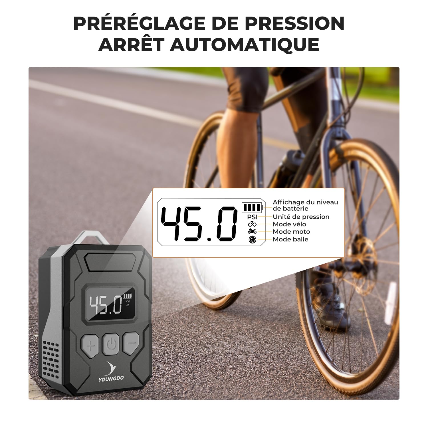 Mini Pompe à vélo électrique, YOUNGDO Pompe à vélo Portable | 150PSI, 500mAh, Rechargeable sans Fil, Auto-Stop, valves Presta/Schrader, pour VTT, Vélos de Ville, Vélos de Route,E-Bike