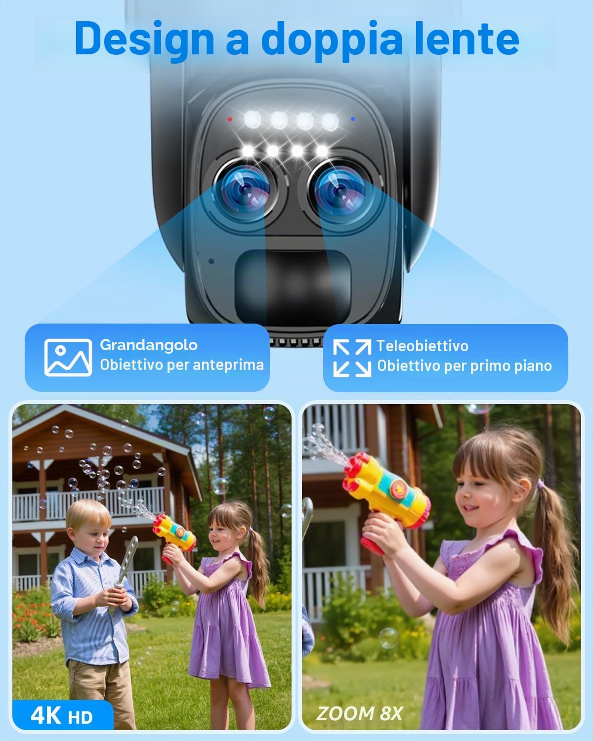 Abiso 4K - Telecamera di sorveglianza WiFi esterna senza fili, batteria a pannello solare, 360° PTZ, camera esterna/interna, 2,4 G/5 GHz, doppia lente, visione notturna, colore: audio bidirezionale