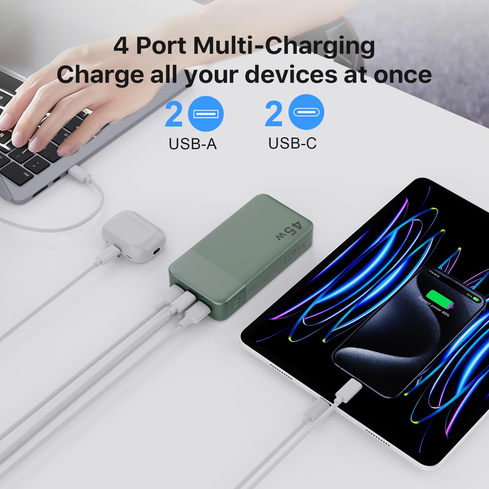 NOBIS 45W Batterie Externe 20000mAh – Power Bank Charge Rapide, 2×USB-C (in/Out) & 2×USB-A, Affichage numérique & Mode Faible Courant, Compatible avec Phone 17 16 S25, Consoles de Jeu
