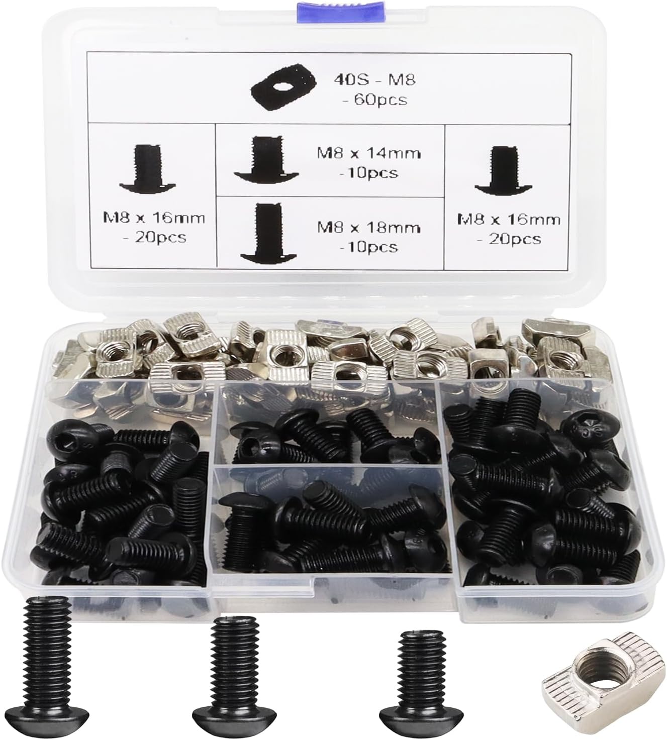 120Pcs 4040 Aluminum Extrusion Hardware Black Kit - M8 T Slot Nuts & Bolts 10Pcs M8x14, 40 M8x16, 10 M8x18, 60Pcs 40 Series M8 Drop-in T Nuts, Compatible with 4040 4080 Extrusion Accessories
