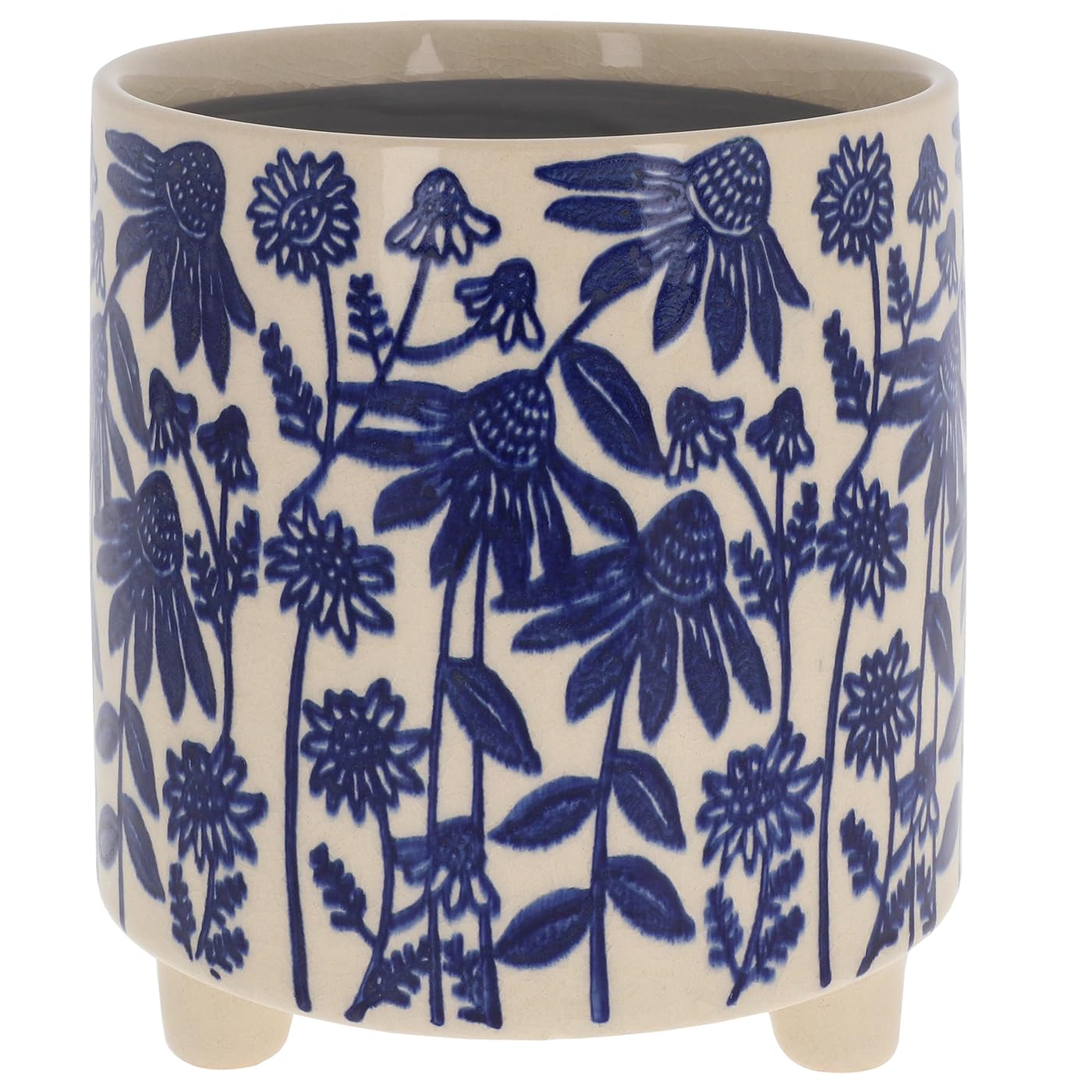 Shudehill Giftware Ceramic Planters – Cat Face Pots & Floral Pattern Plant Holders – Decorative Indoor Planters for Succulents & Houseplants (Daisy Large Floral Planter Blue)