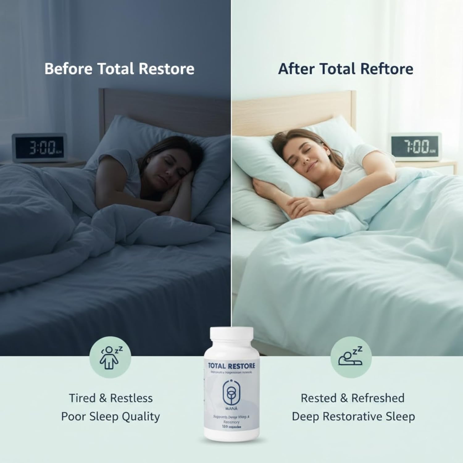 Total Restore Premium Magnesium Blend – Natural Sleep Aid Overnight Recovery – 800mg, Magnesium Glycinate, Taurate & Malate – Melatonin-Freek, Best Sleep aids for adults120 Capsules