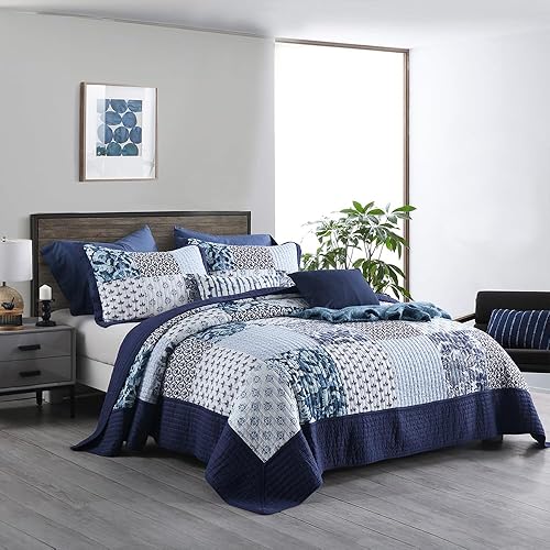 ENASAL Cotton Bedspread Quilt Sets Reversible Bedding Coverlet Sets Luxury Floral White Blue Real Patchwork Bedspread, King Size
