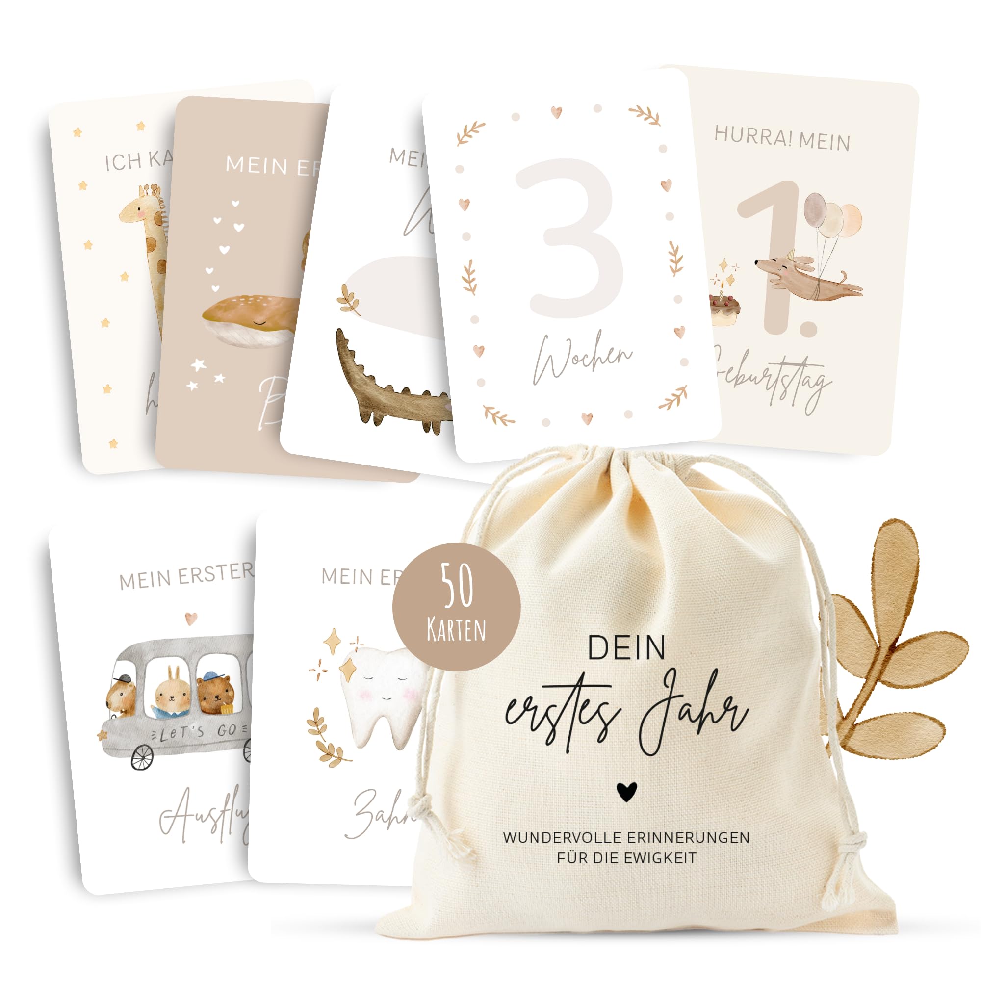 MeinBaby123® Karty z kamieniami milowymi "Dein erstes Jahr" (beżowe boho)