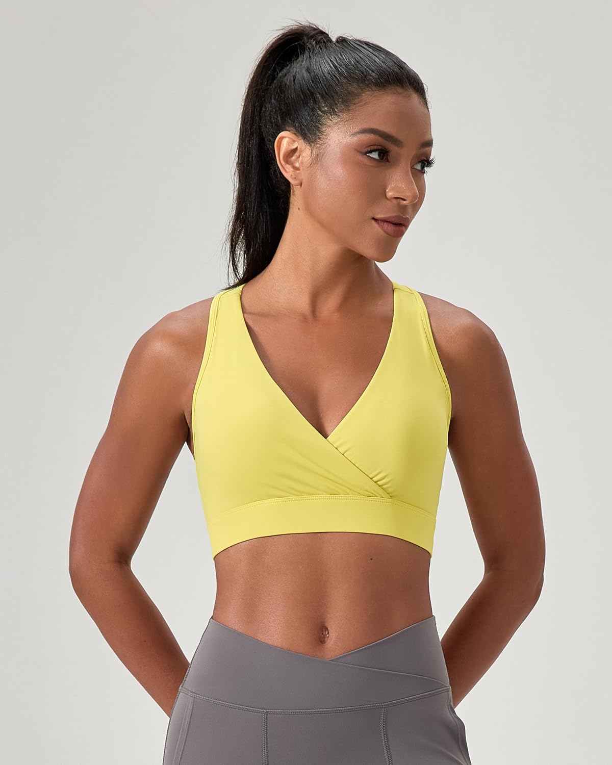 Women's Sports Bra, Criss Cross Deep V Neck Racerback Workout Top with Removable Pads, Medium Impact Tank Top - Image 2