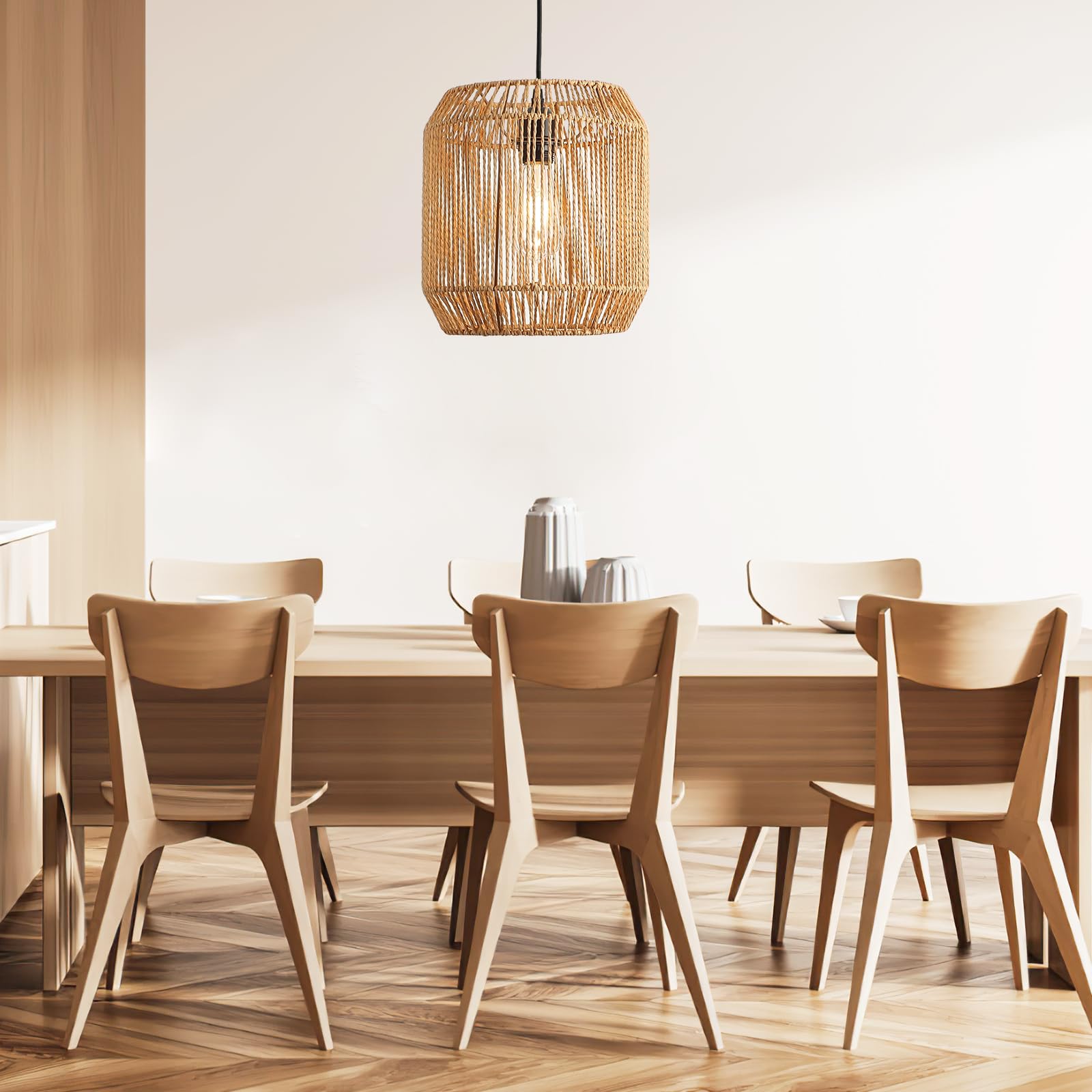 Pendelleuchte Rattan - Boho Lampe Hängend Ø26cm Vintage Deckenlampe Rattan E27 Hängeleuchte Geflochten für Esstisch Küche Wohnzimmer Schlafzimmer Flur