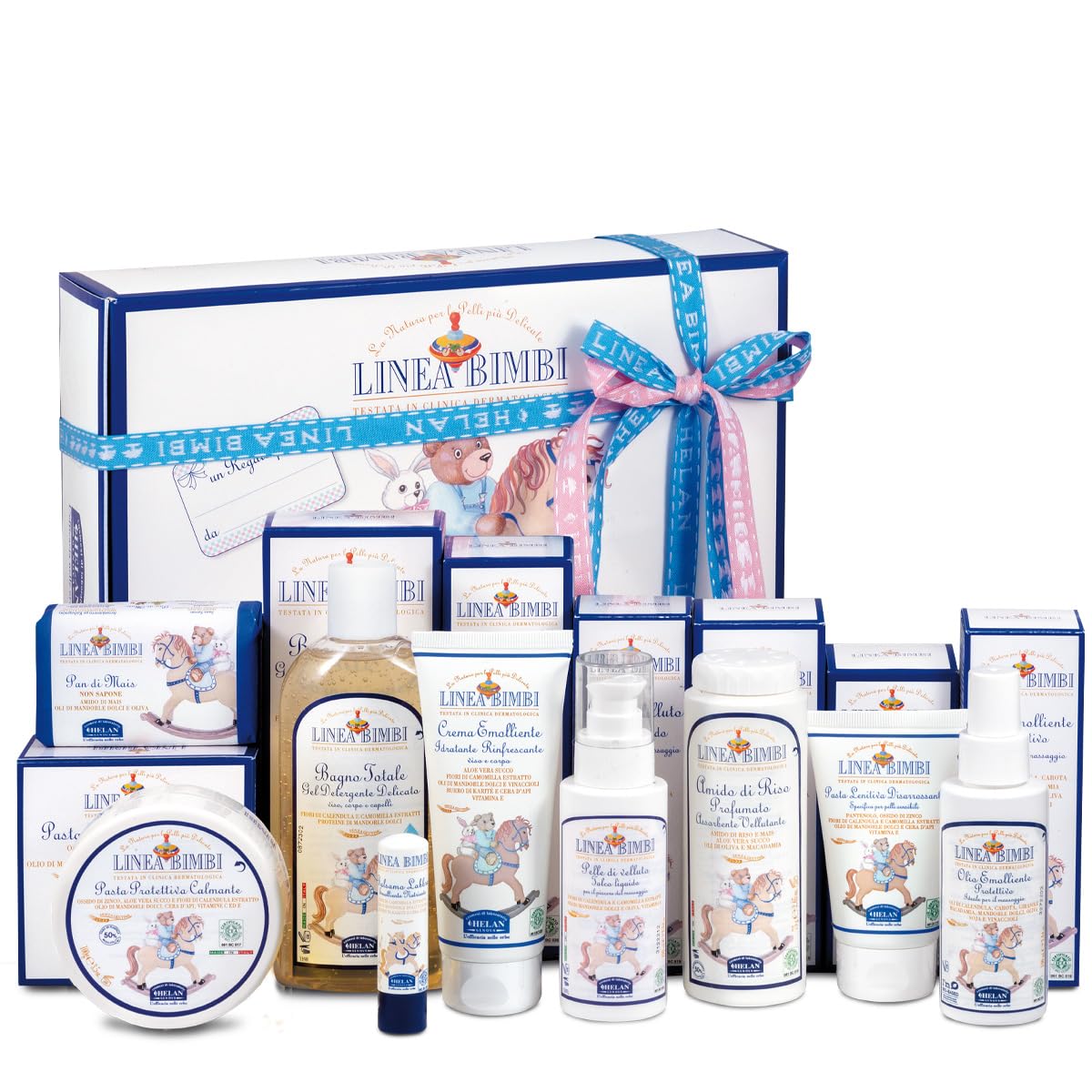 Helan, Prime Coccole, Confezione Regalo Nascita, Linea Bimbi - Amido di Riso, Bagno Olio Addolcente, Bagno Totale, Balsamo Labbra, Crema e Olio Emolliente, Pan di Mais, Pasta Lenitiva e Talco Liquido