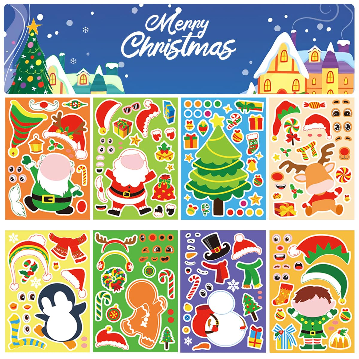 16 Sheets Christmas Stickers for Crafts,Christmas DIY Make a Face Stickers,Vinyl Waterproof Kids Stocking Fillers Party Bag - Image 3