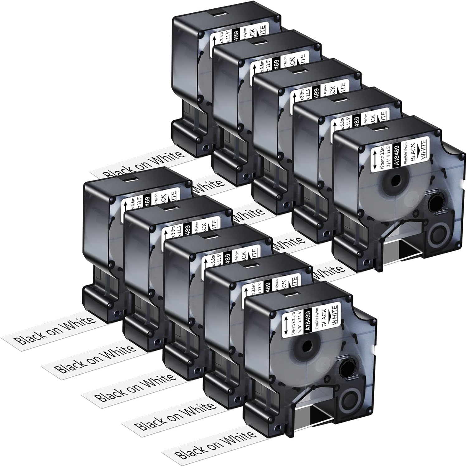 10 Pack Compatible for Dymo Rhino 18489 3/4'' x 11.5' Black on White Flexible Nylon Industrial Label Tape Rhino 4200 5000 5200 6000 and 3M Label Makers