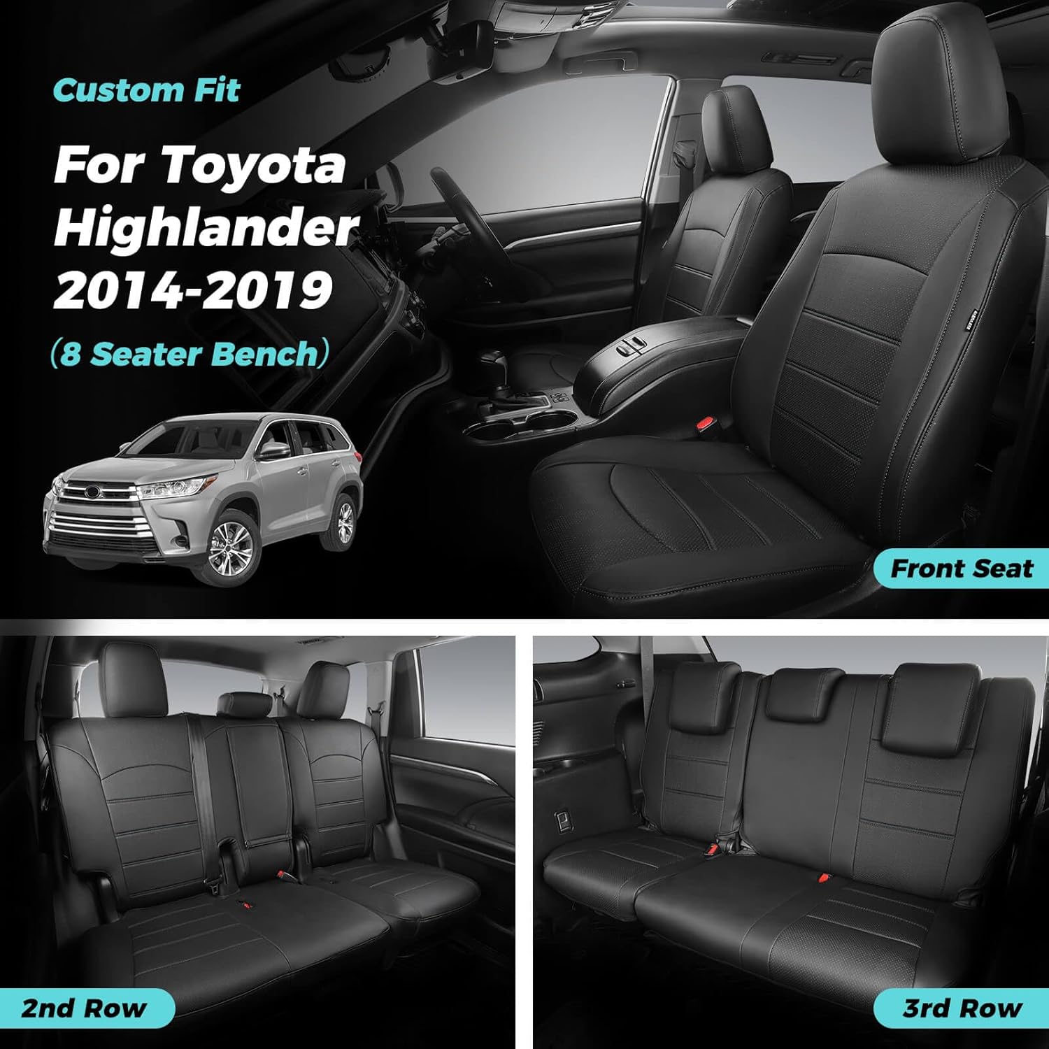 Custom Seat Covers for Toyota Highlander 2014-2019 8 Seats Full Set Faux Leather Automotive Car Seat Cover Cushion, 3-Row Second Row 40/60 Split Bench - Black