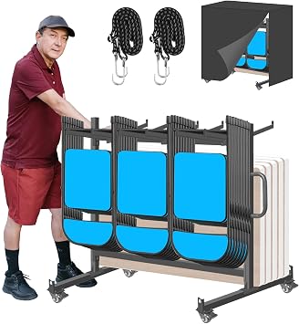Single Level Folding Chair Storage Rack, Folding Chair Cart | 550 lbs Capacity | Holds 12 Tables or 42 Chairs | Rolling Chair Racks with Locking Rubber Wheels and Elastic Ropes
