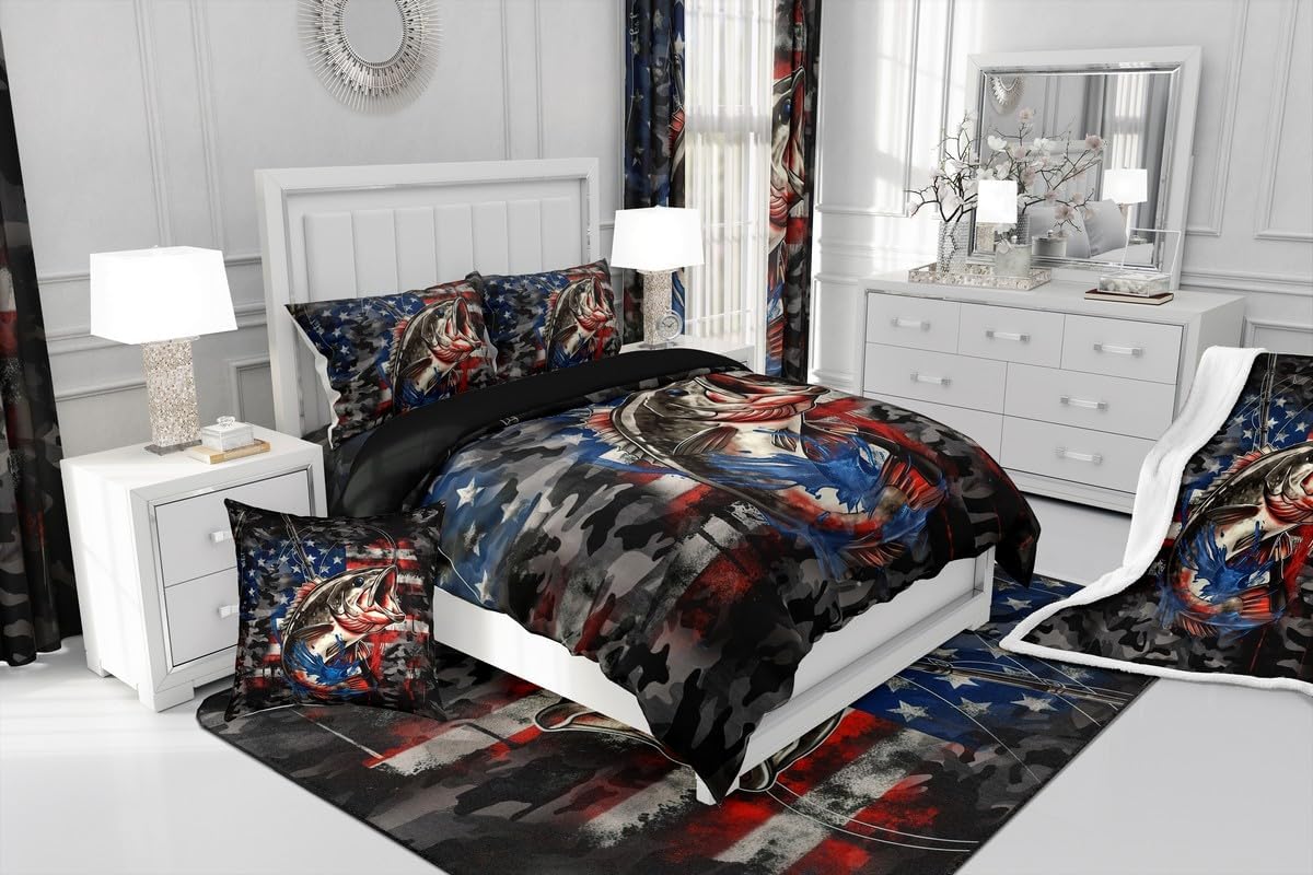 Feelyou Fish Comforter Set Queen Size Kids American Flag Comforter Fishing and Hunting Bedding Set Ocean Nature Marine Animal Red Blue Duvet Set Room Decor Quilt Set