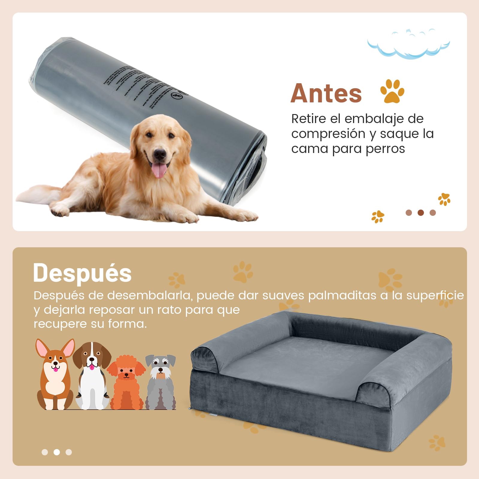 COSTWAY Cama Perro Grande, 100x81x30,5 cm, Cama Ortopédica para Perros con Espuma Viscoelástica y Reposacabezas, Base Antideslizante, Desenfundable y Lavable, Sofá Perro Desmontable, Mascotas, Gris