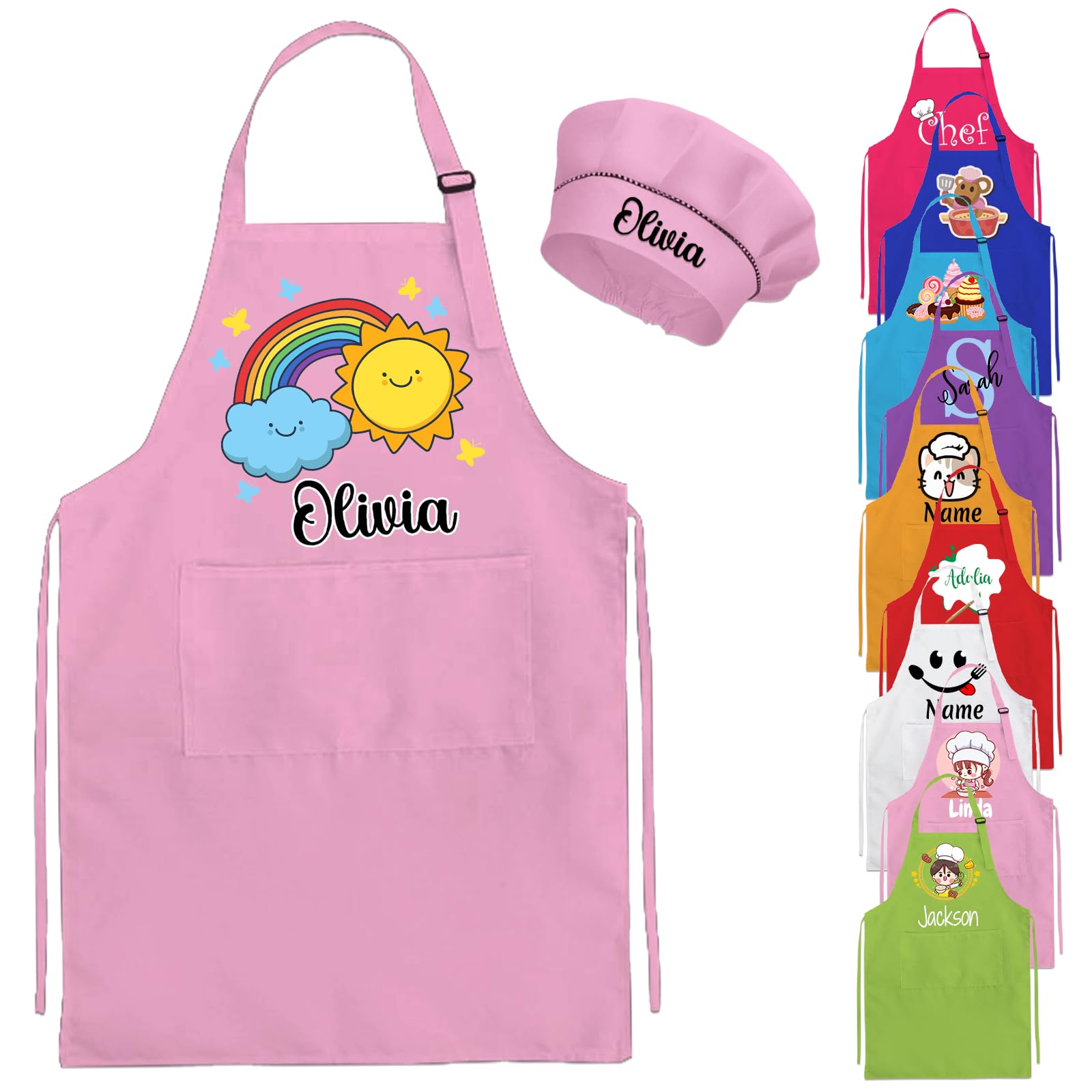 PFTPOW Personalized Kids Apron and Chef Hat Set Custom Aprons for Kids Boys Girls Cooking Apron with Name Logo for Painting