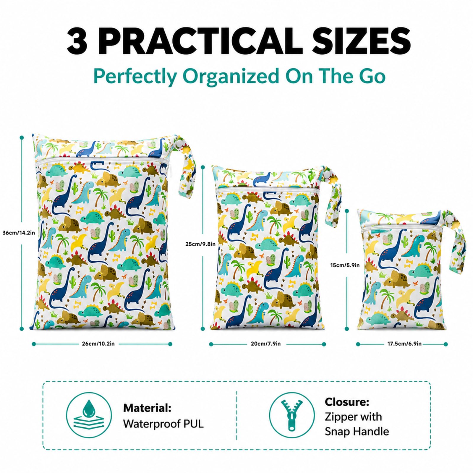Set da 3 Wetbags con Dinosauri, Borse Impermeabili per Pannolini e Articoli bagnati per Bambini e Asilo, wetbag Portatile con Motivo Dolce di Dinosauri