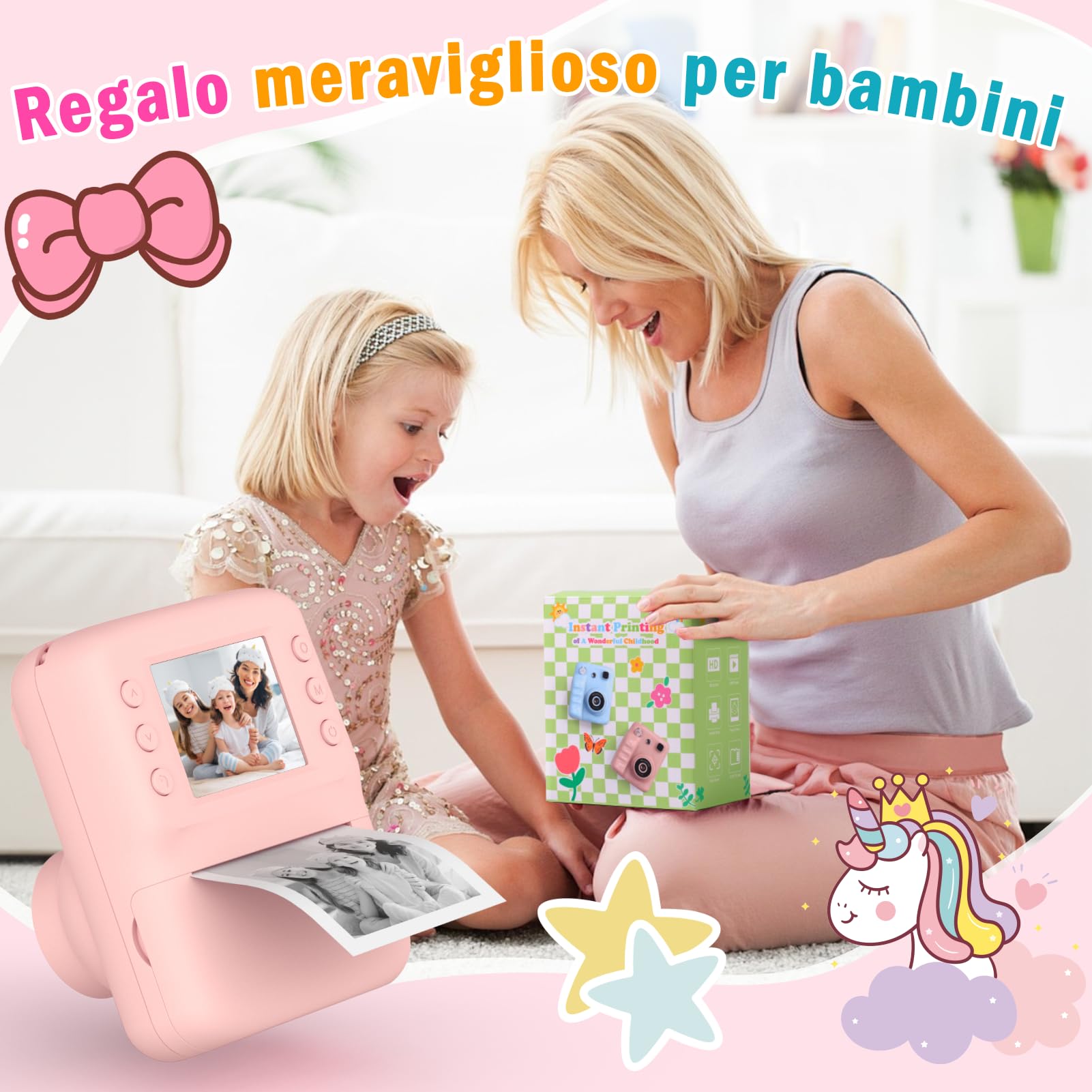 Macchina Fotografica Bambini Istantanea, 2.4" HD Fotocamera Bambini Regalo Bambina 3-10 Anni Macchina Fotografica Digitale Giochi Bambina 3-8 Anni Fotocamera Istantanea Regalo Natale