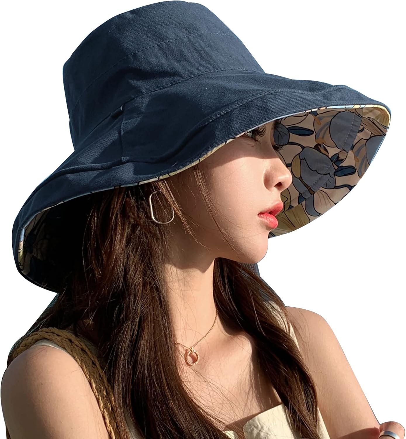 Double Side Womens Floral Wide Brim Sun Hat, UPF50+ UV Protection Reversible Bucket Hat Foldable Adjustable Brim