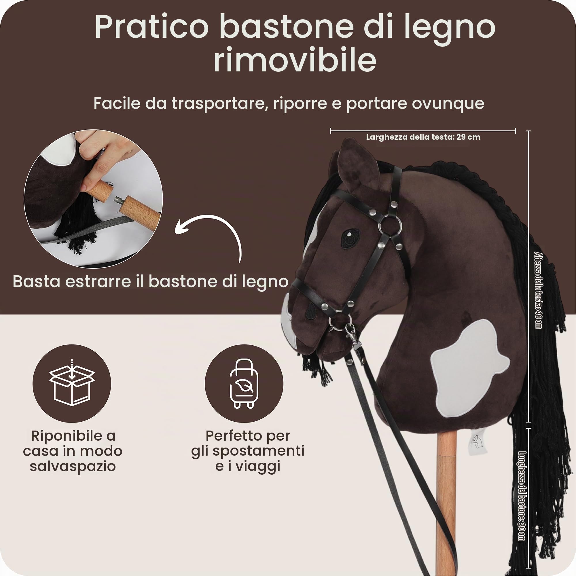 GaloppFreude Hobby Horse Horse - Cavallo grande A3 con asta a vite e flangia - Cavallo da equitazione per bambini e cavalli con crinini lunghi, accessori per Hobby Horse