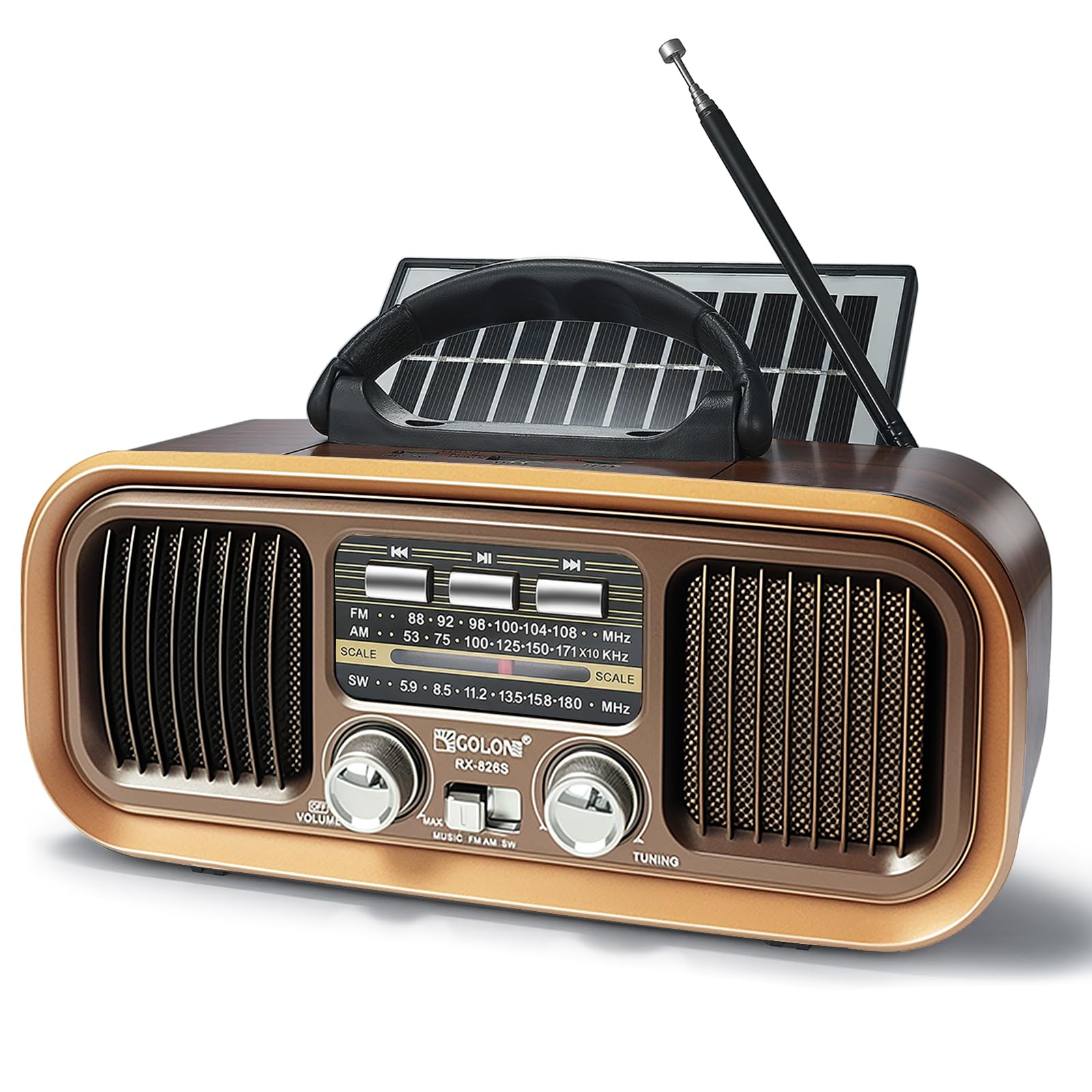 Radio Portatile Vintage FM/AM/SW Bluetooth, Ricaricabile 1200 mAh Pannello Solare, TF Card USB MP3