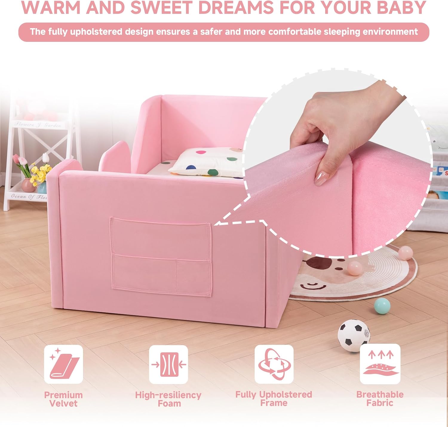 Zumspiel Toddler Floor Bed with Removable Safety Rails and Storage Bag, Kids Bed for Girl and Boys, Standard Crib Size, Safety Upholstered Child Beds, Low to Floor Design