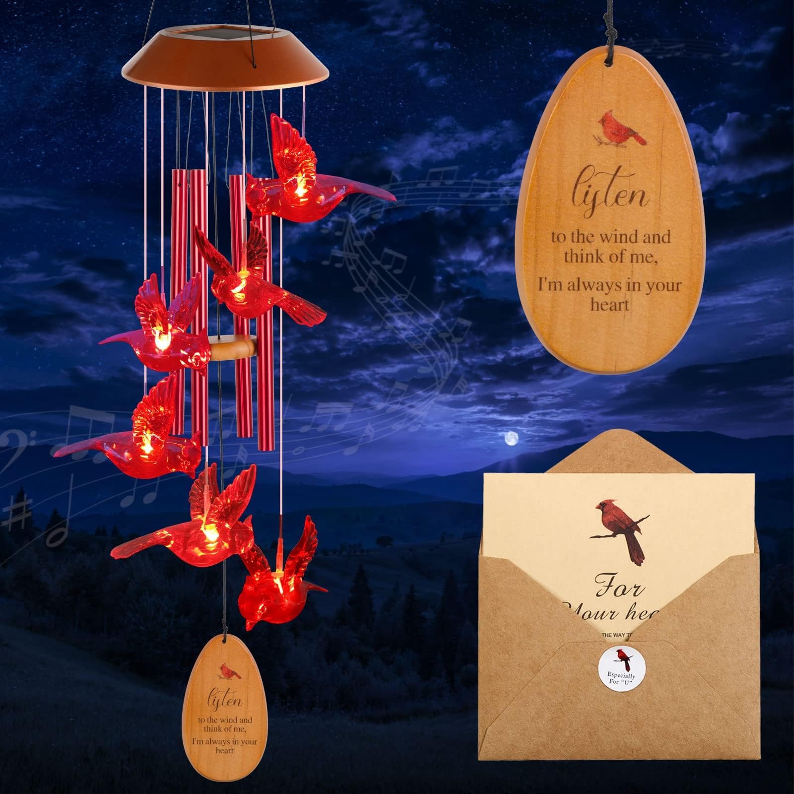 Vency Solar Red Bird Wind Chimes, Color Changing Solar