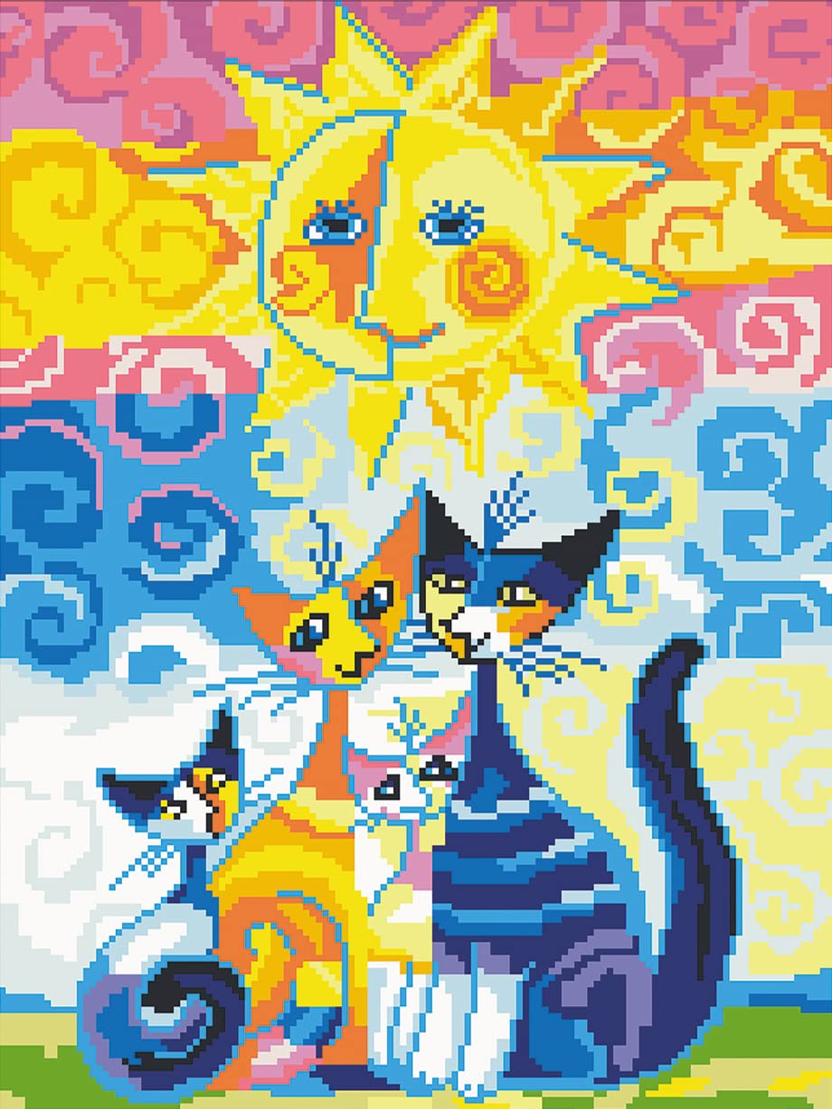 Cross Stitch Kits Stamped, OWN4B Cat Family and Sun Printed Pattern 11CT 14.2x18.1 inch DIY Embroidery Kit (Cats)