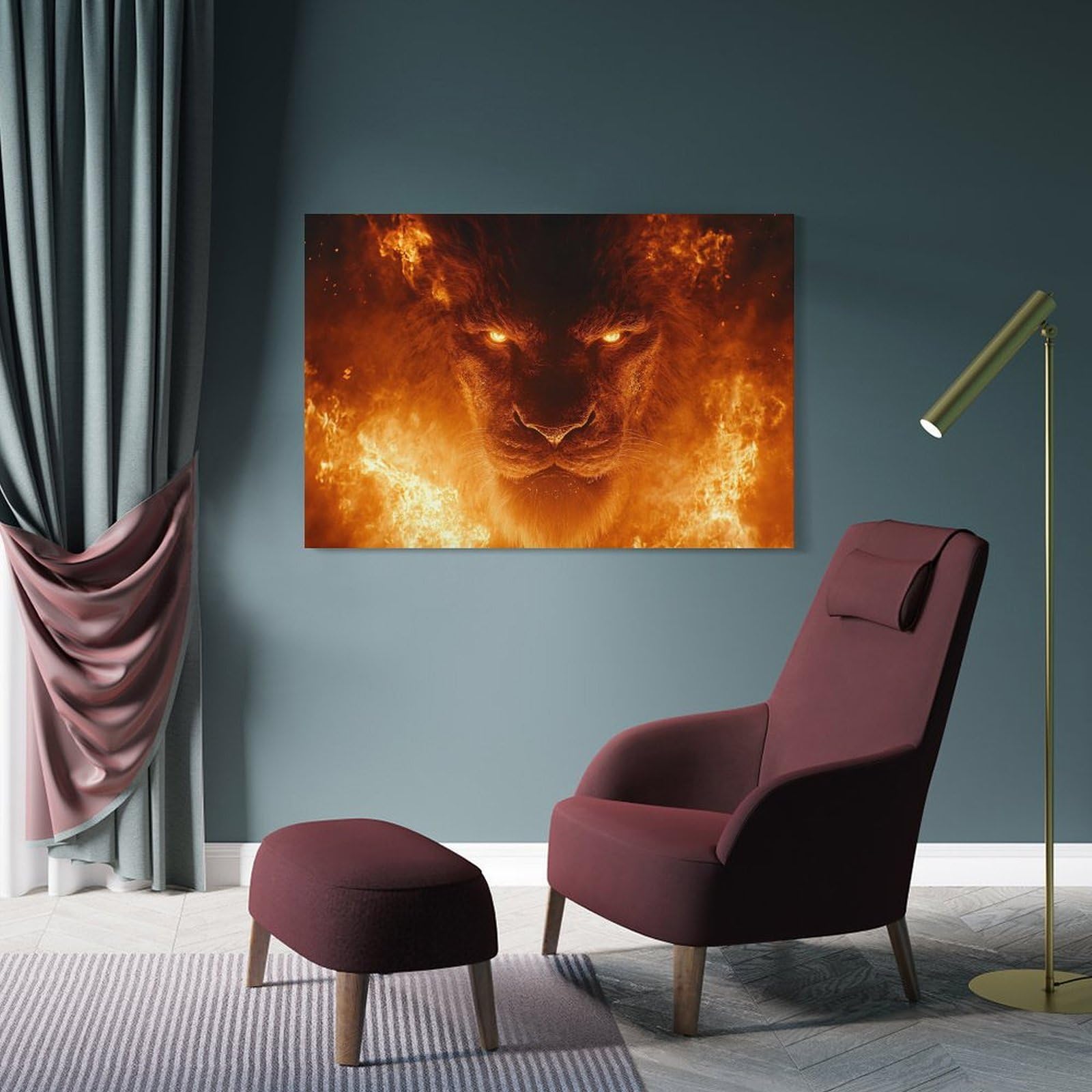 Junmoney Frame-Style-3-1 Lion Engulfed In Flames Hanging Wall Art, 16X24inch(40X60cm), For Gallery Wall Decor And Room Displays, Home Wall Art For Statement Displays