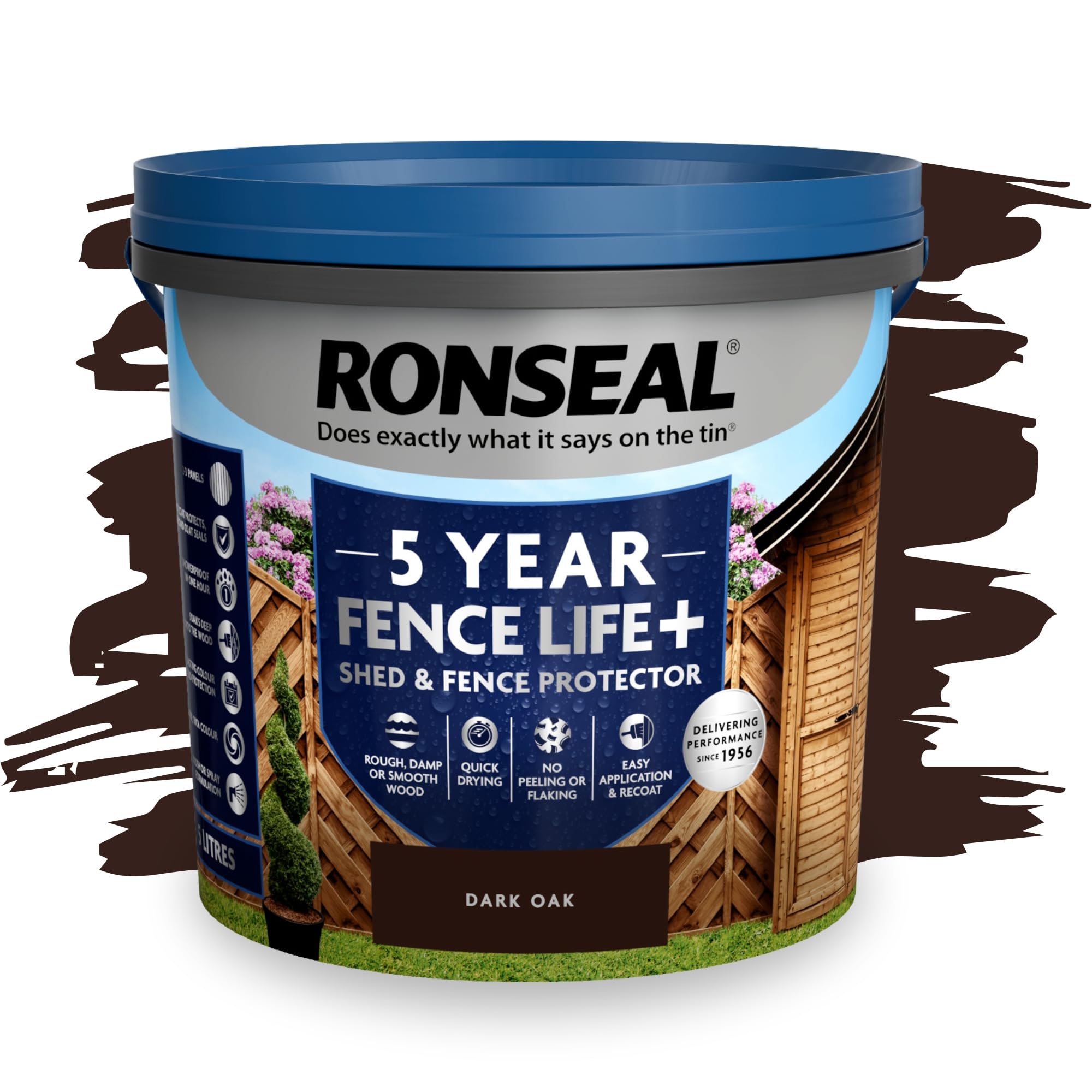 SAVING HUB Fence Paint 5L - Garden Shed Paint, Outdoor Furniture Paints - Exterior Wood Treatment - Used On Rough Swan & Smooth Planed Wood - Sheds & Fences Life Plus - Dry in 4 Hours (Dark Oak)