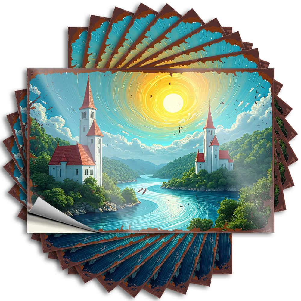 Decal Summer Mens Bedroom Decor Helmet Charming Churches By The River Under A Vibrant Sunset Sky - No Residue Decals for Travel(12X18CM)
