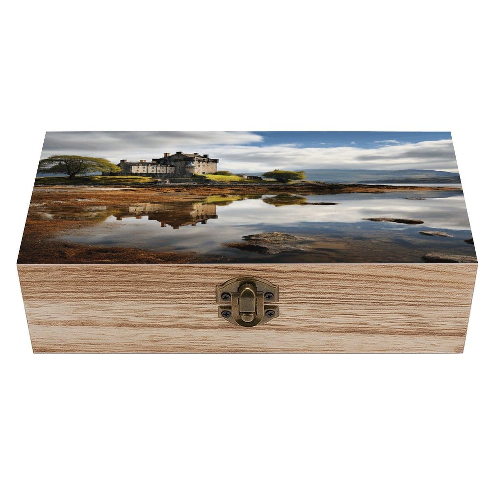 VstaDank Scotland Castle Water Lake Scottish Wooden Storage Box Wooden Keepsake Box with Hinged Lid Exquisite Solid Wood Decorative Jewelry Case Memory Box for Jewelry Photos Letters Crafts Trinkets