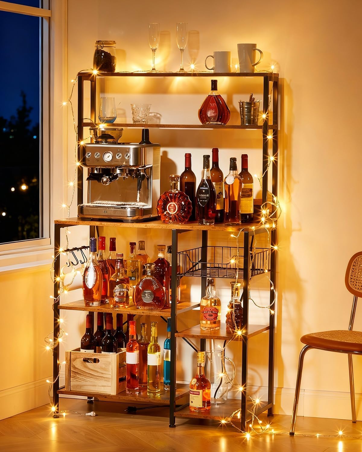 Industrial Kitchen Bakers Rack, 4-Tier Microwave Oven Stand, Large Wooden Storage Shelf for Bread, Spices, Pots & Pans