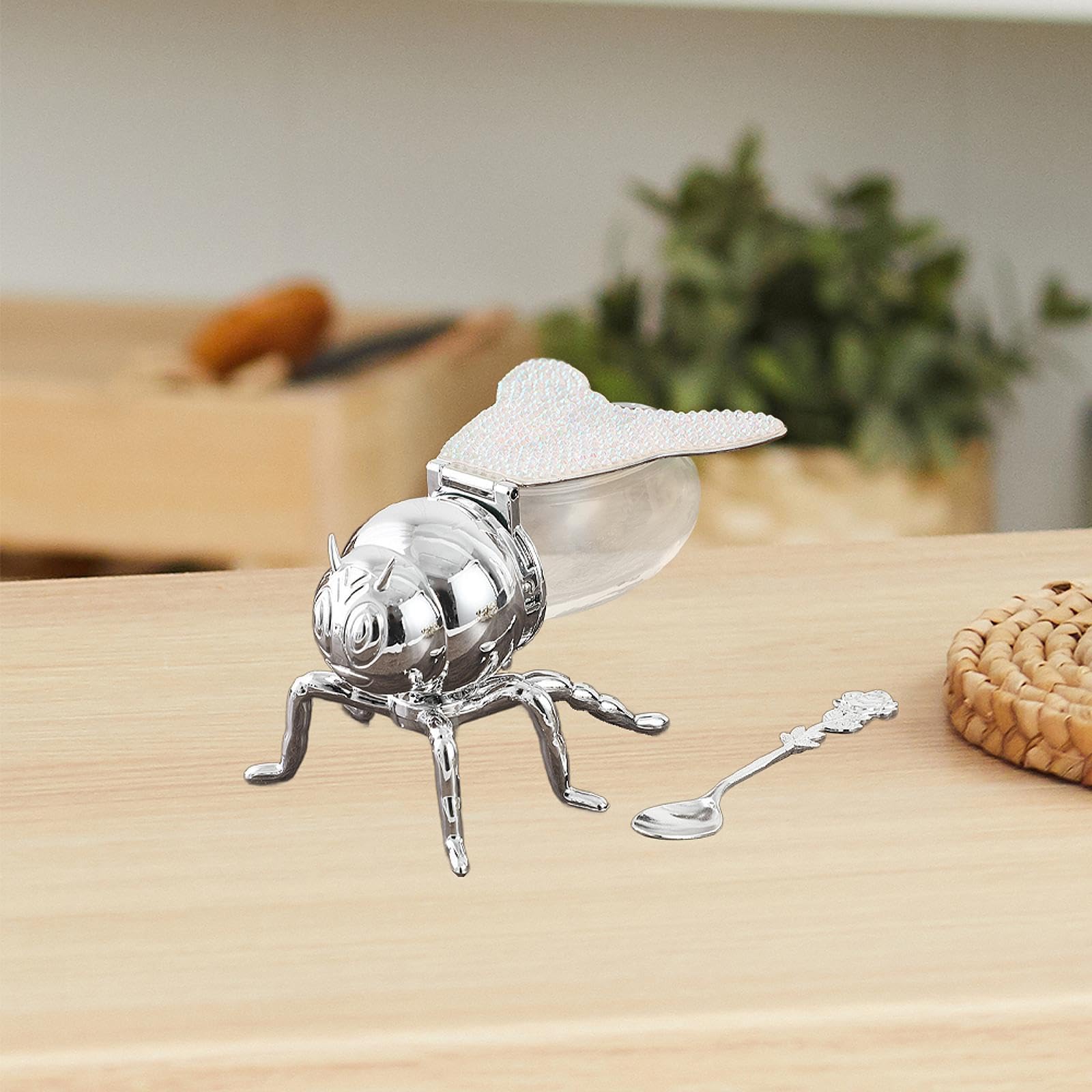 Generic Bee Honey Jar Spoon Included Multifunctional with Spoon Modern Condiment Pot Sugar Bowl for Housewarming Gift Parties Dinner, Argent