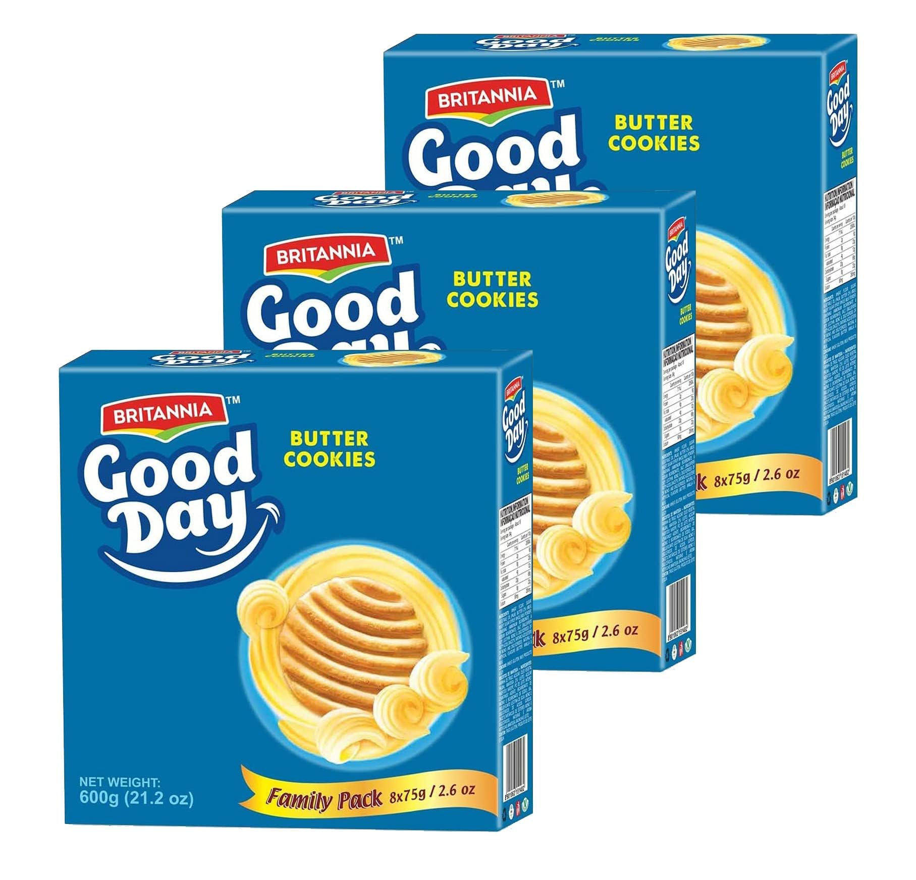 Britannia Good Day Butter Cookies Family Pack 21.2oz (600g) - Breakfast & Tea Time Snacks - Delicious Grocery Cookies - Halal and Suitable for Vegetarians (Pack of 3)