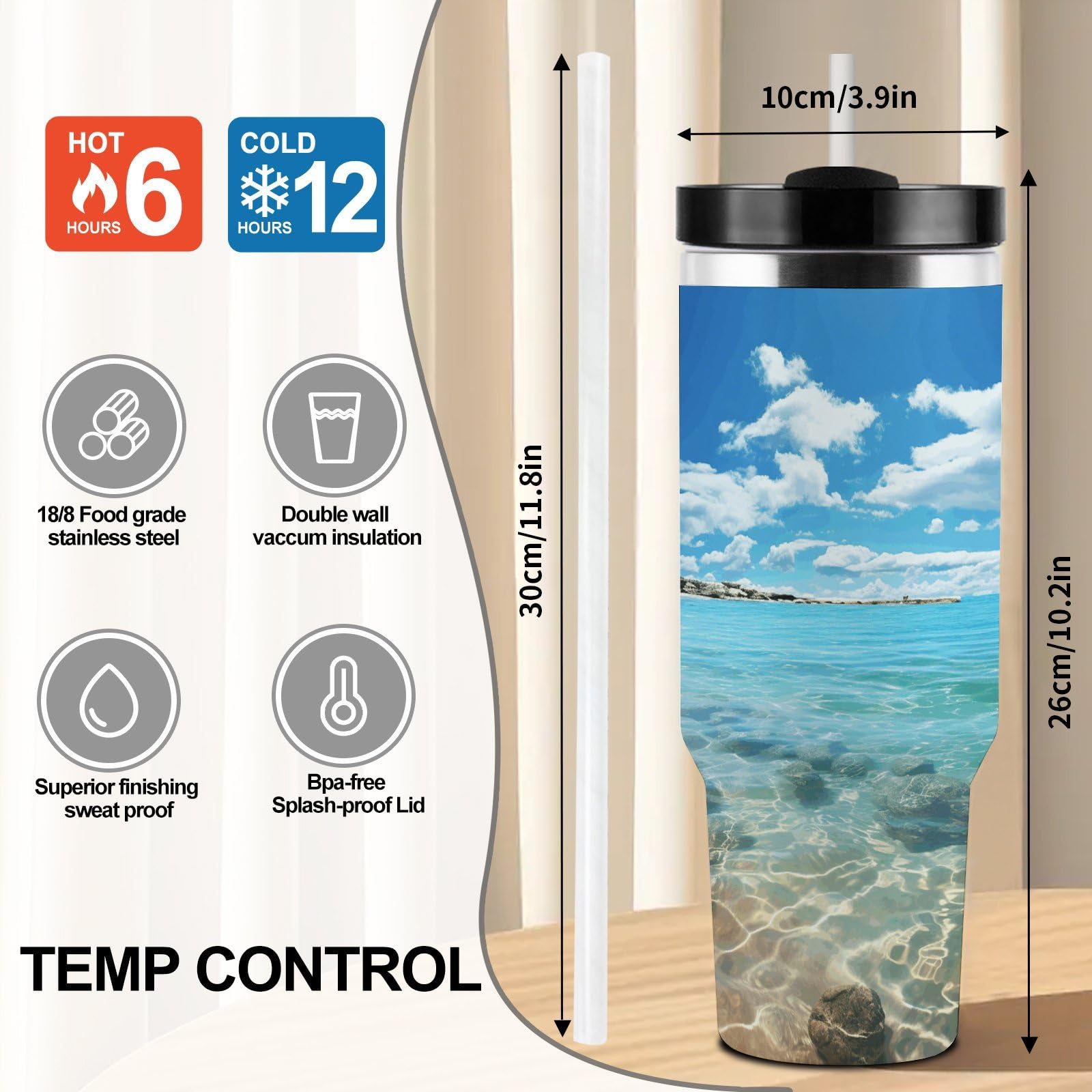 Scenic - Vaso de café de viaje de acero inoxidable, taza de café con tapa y popote, taza con asa, gran capacidad, doble pared al vacío a prueba de fugas, taza térmica de café helado, 40 onzas