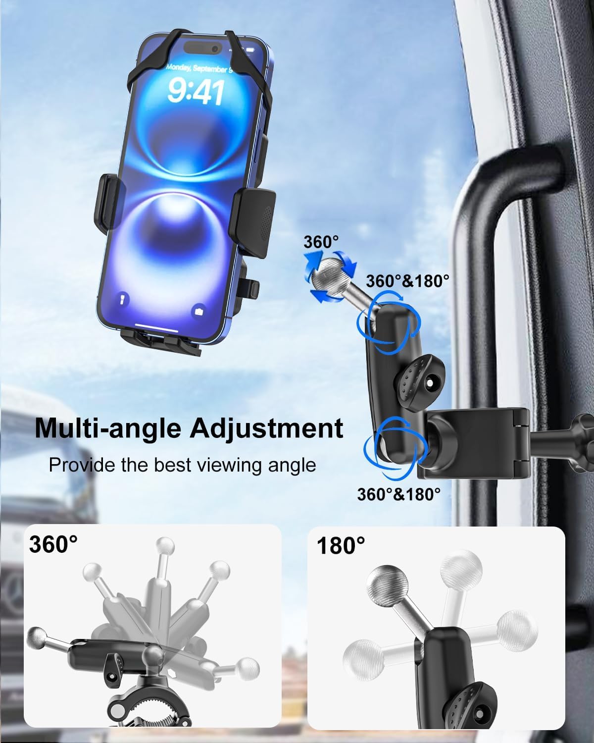Supporto per telefono con maniglia per auto, [braccio in metallo resistente agli urti] Supporto universale per telefono per auto, camion, pick-up, SUV, furgone, escavatore, caricatore
