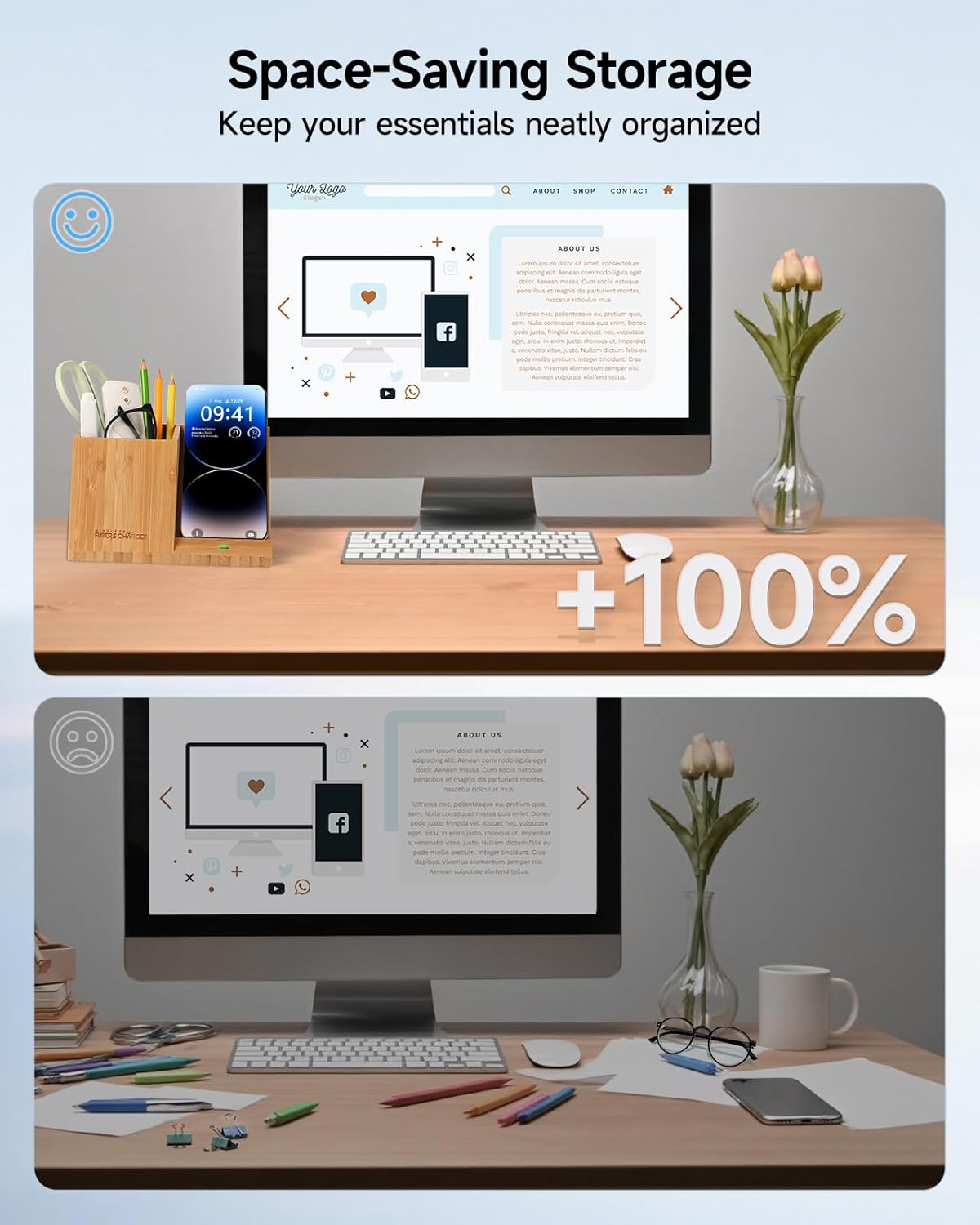 Bamboo Pen Holder for Desk & Nightstand Organizer with Fast Wireless Charging for iPhone, Samsung & More – Office Desk Accessories for Men/Women (Bamboo)
