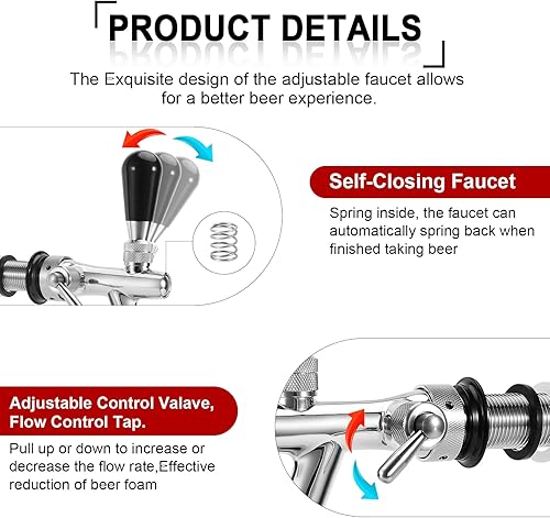 Miniatura 2 de Grifo de cerveza ajustable de acero inoxidable mejorado, grifo de barril de cerveza de barril de barril de barril de cerveza ajustable con control